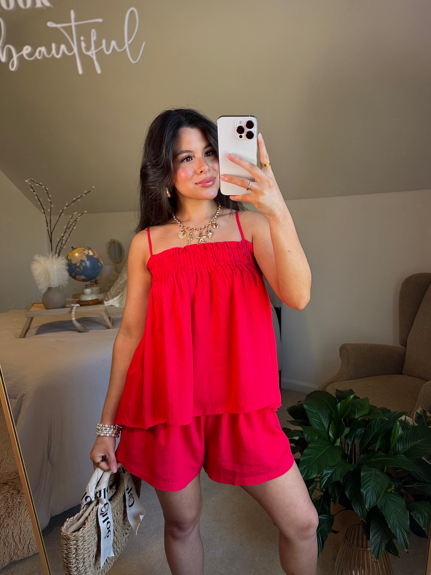Red Linen Babydoll Top & Shorts Set