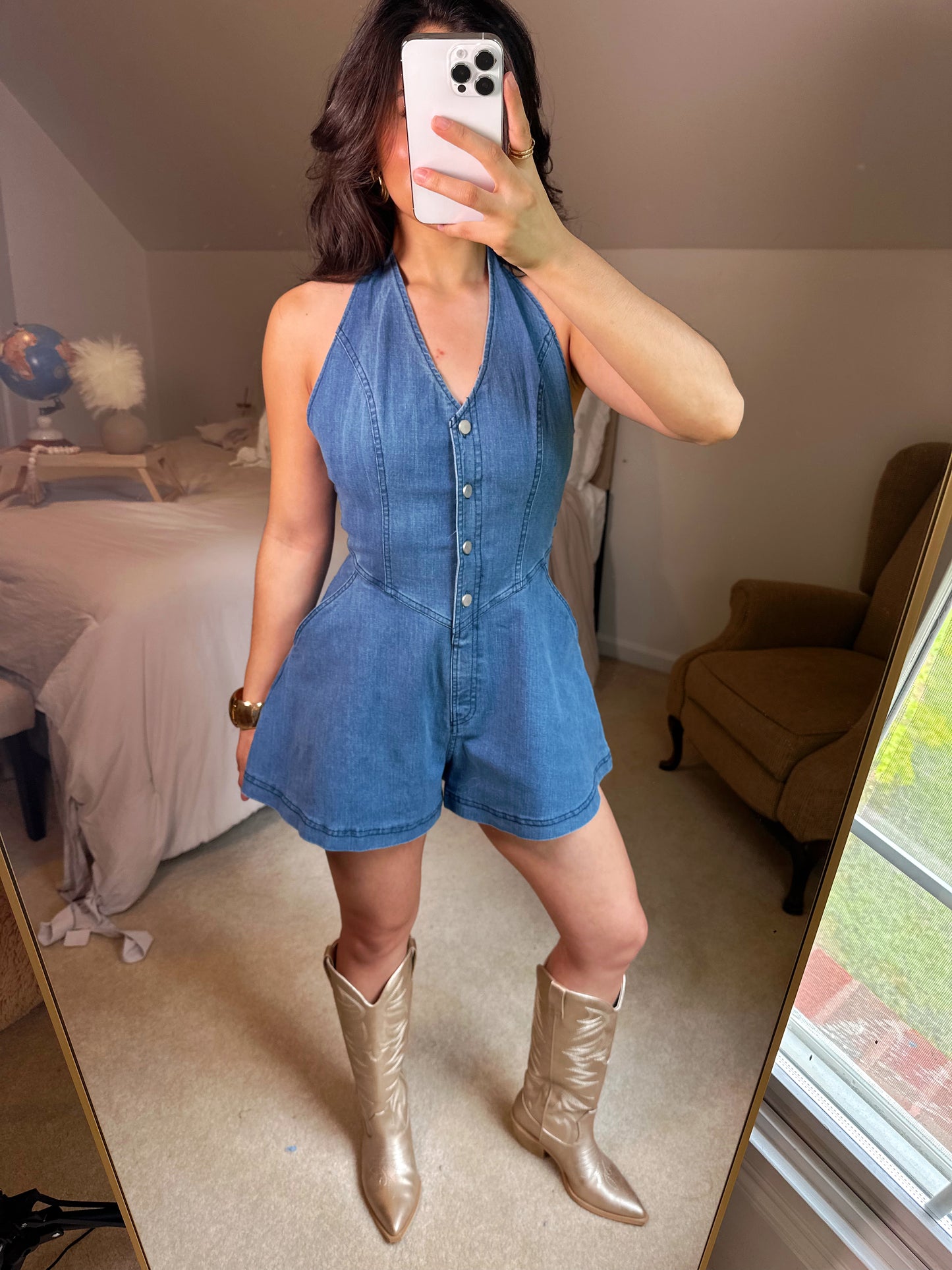 Girly Halter Open Back Denim Romper