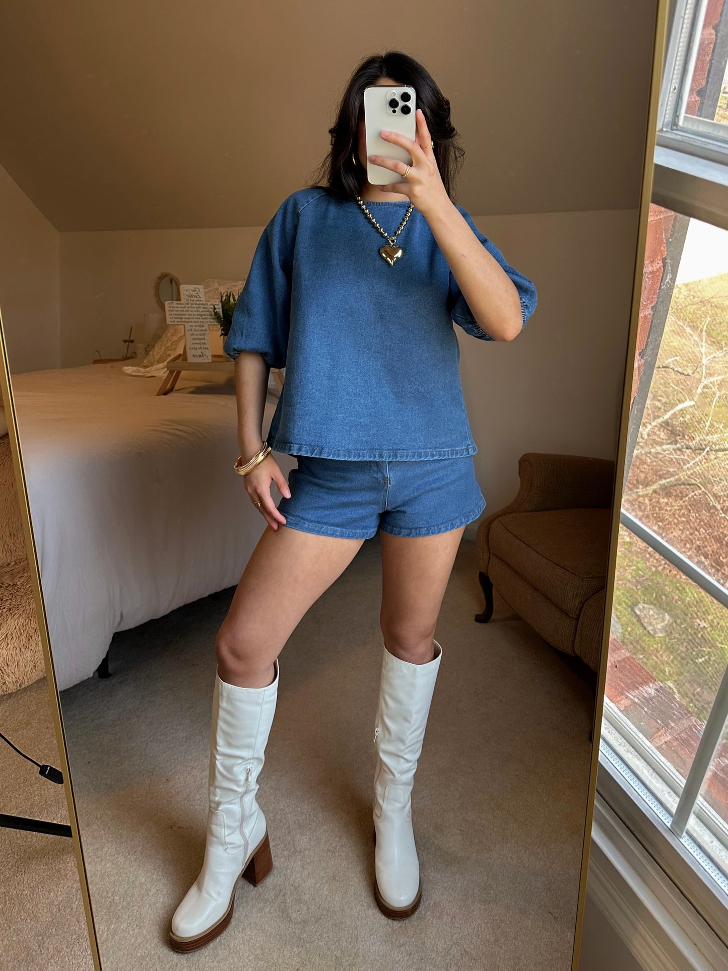 Denim Puff Sleeve Top & Shorts Set