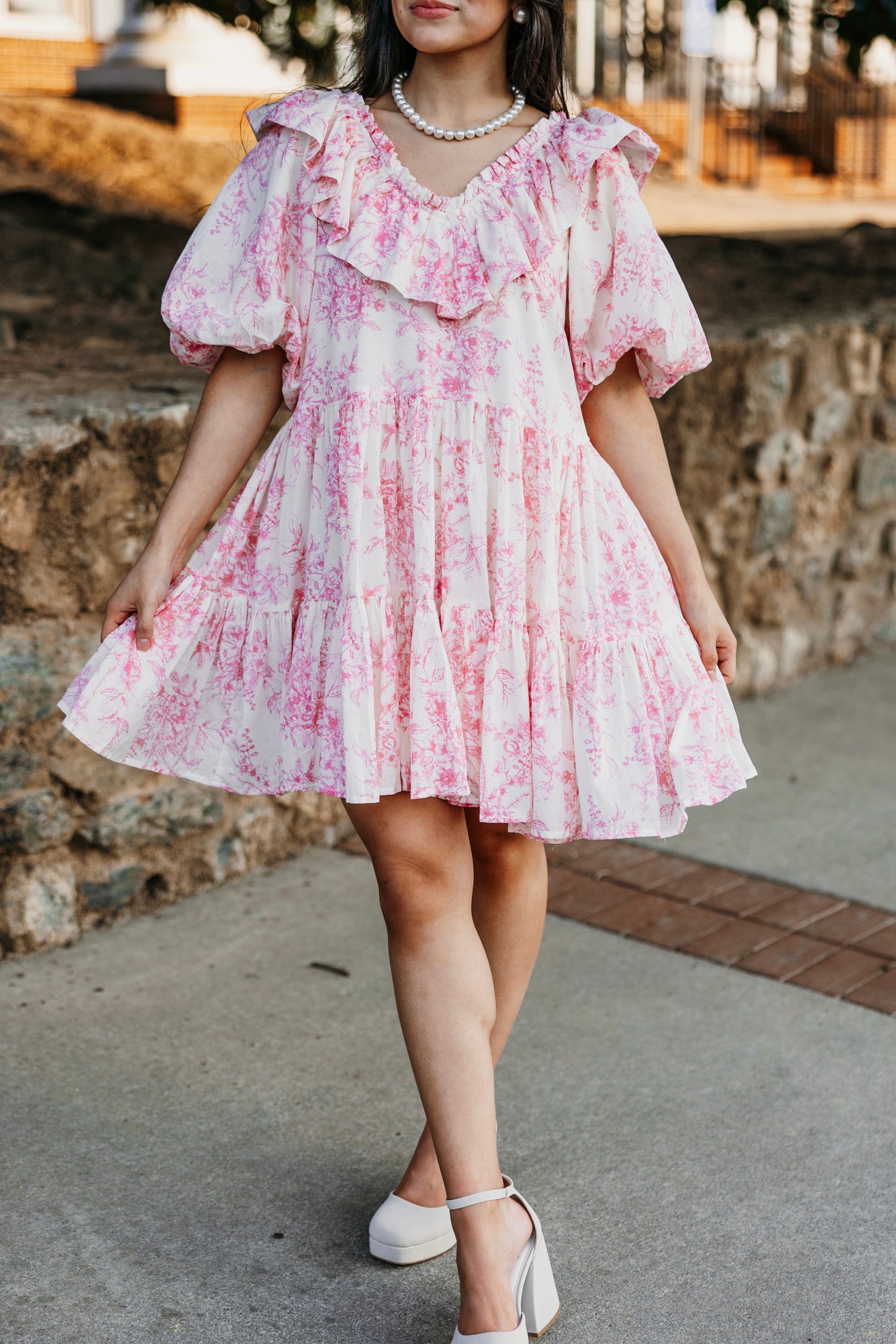 Pink Roses Ruffle V-Neck Dress