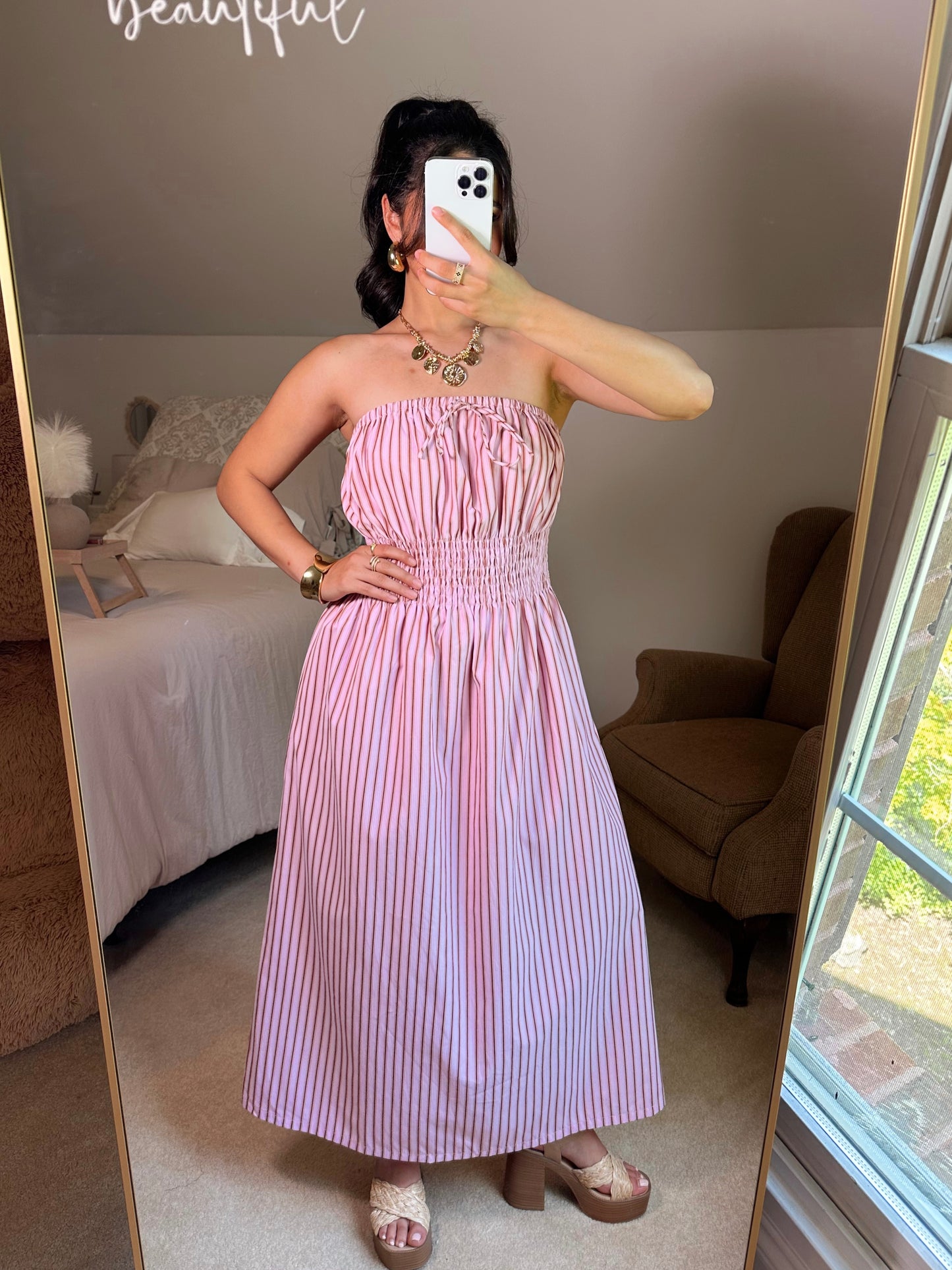 Pink Striped Tube Midi Dress