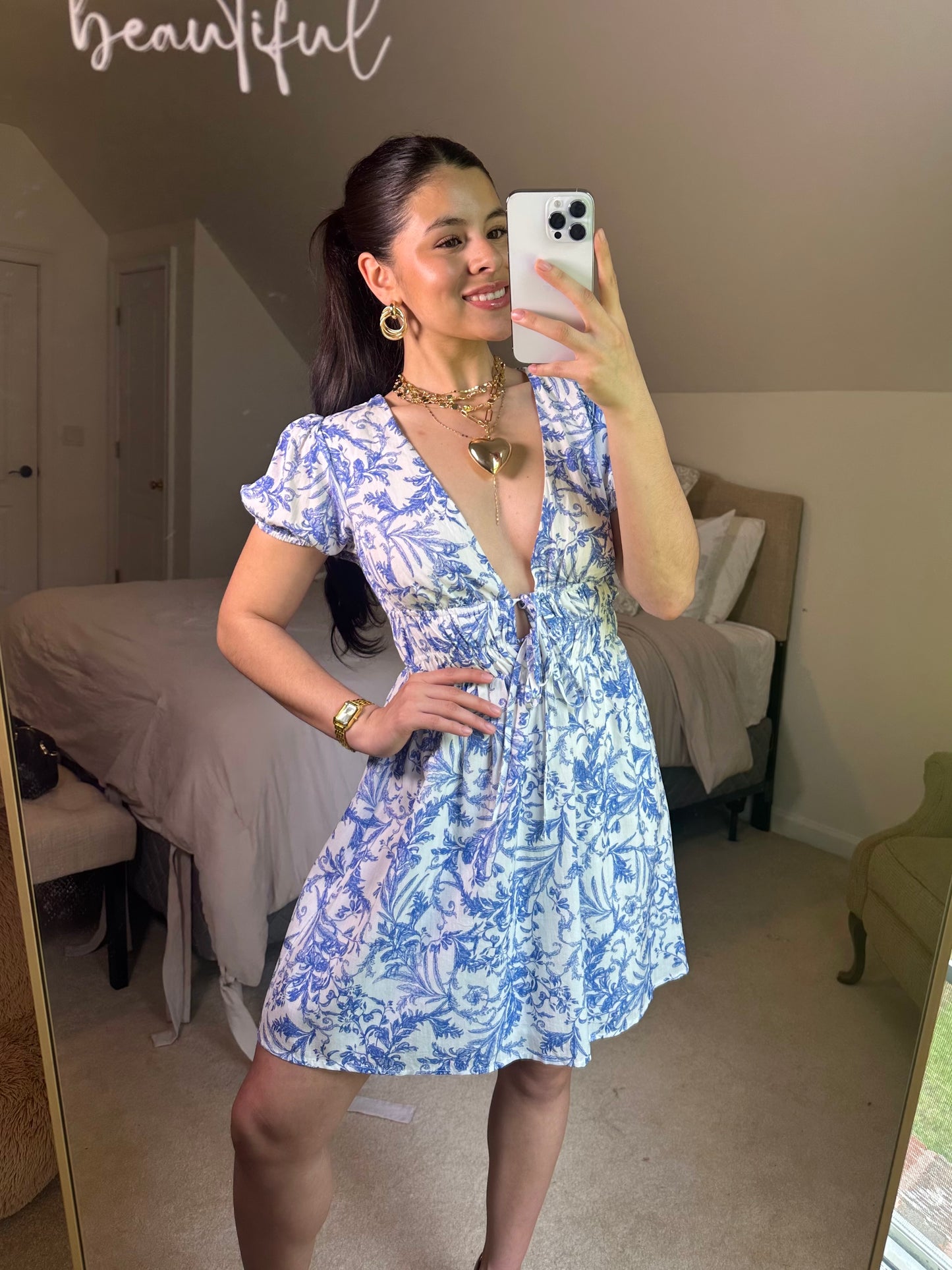 Blue Vines Plunge Neckline Mini Dress