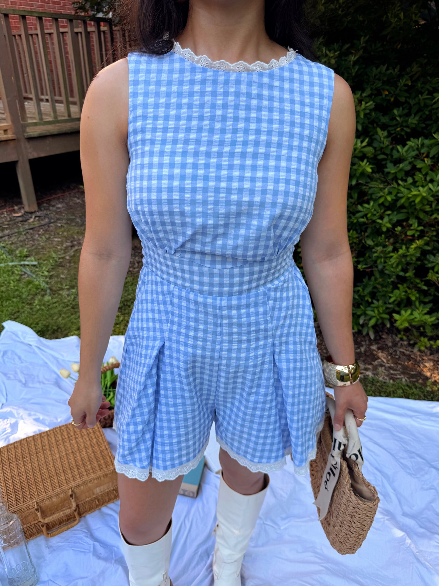 Baby Blue Gingham Lace Trim Romper