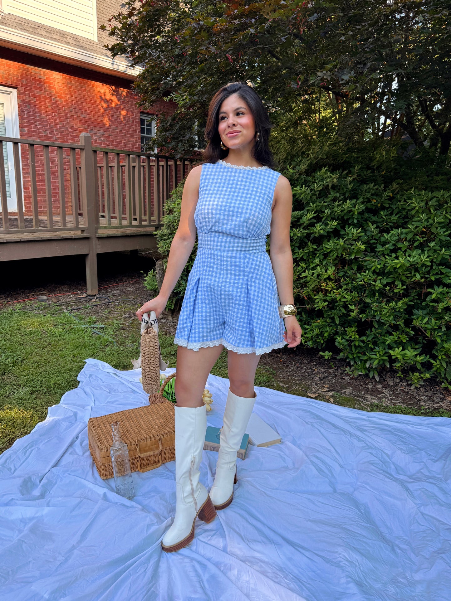 Baby Blue Gingham Lace Trim Romper