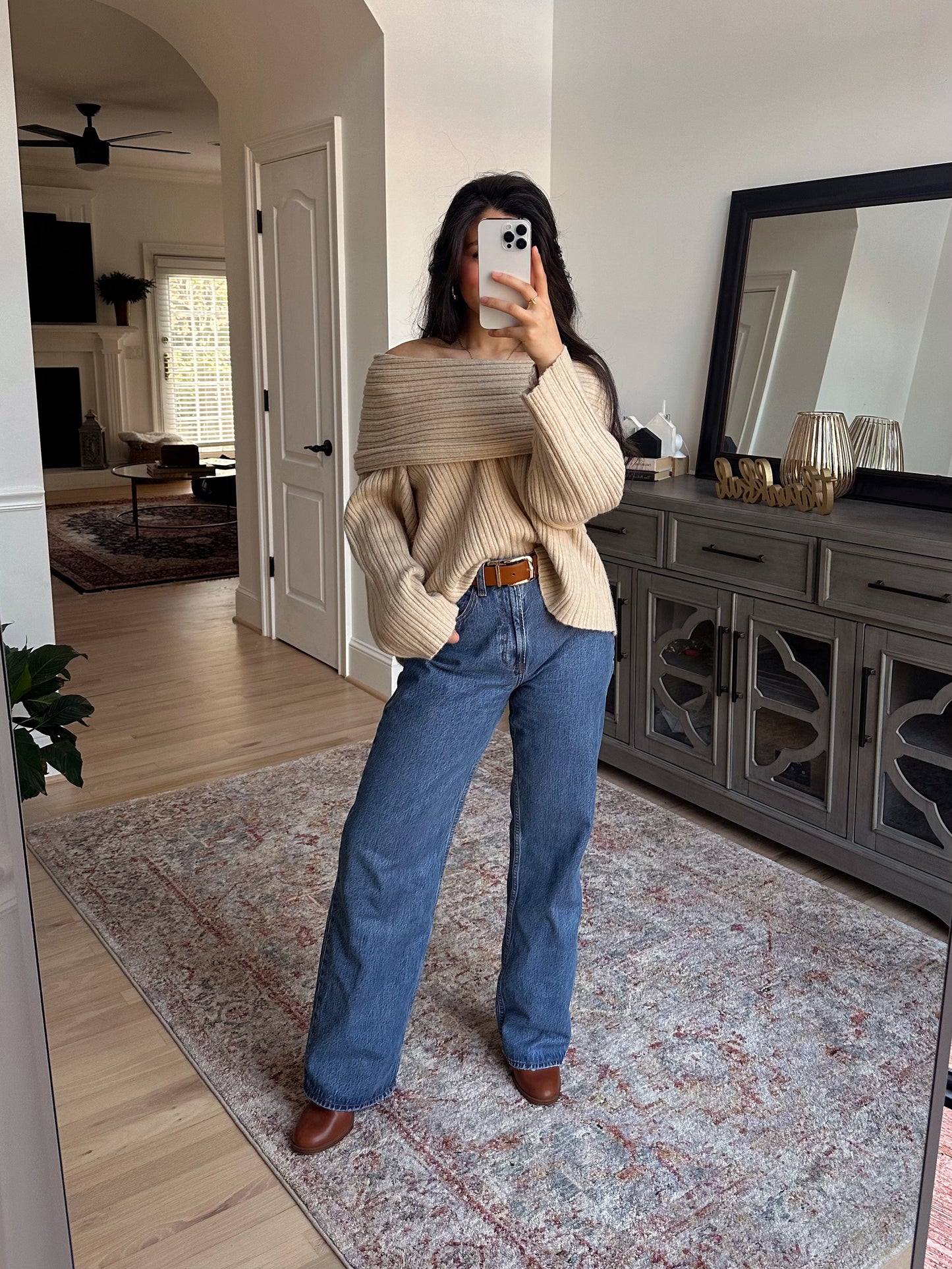Tan Chunky Off-Shoulder Sweater