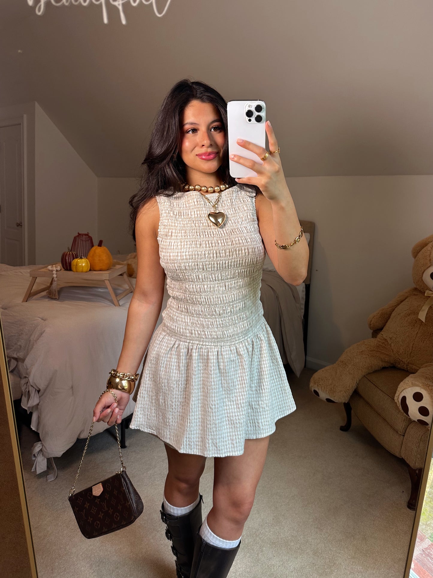 Taupe & White Gingham Romper