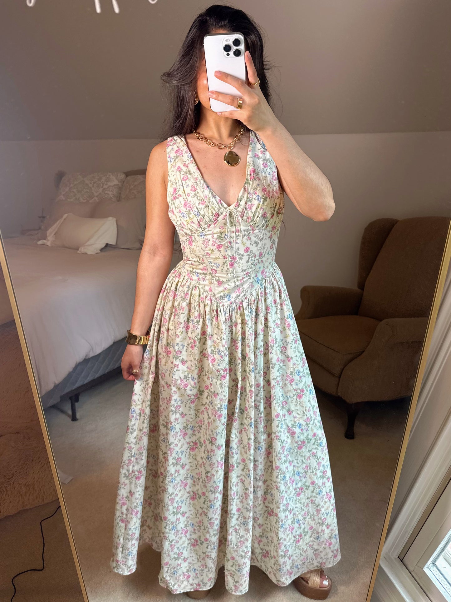 Floral V-Neck Corset Waist Maxi Dress