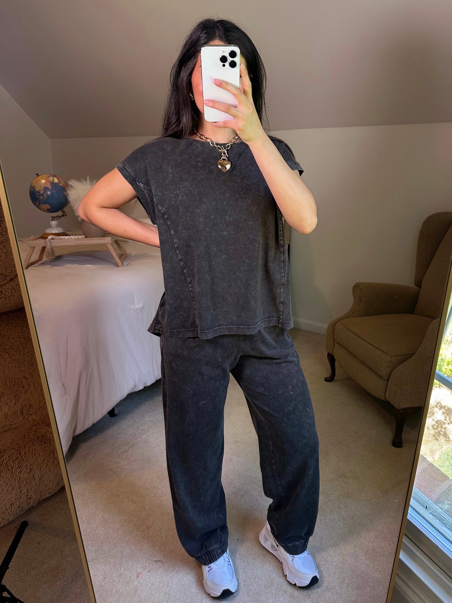 Washed Black Cotton Top & Pants Set