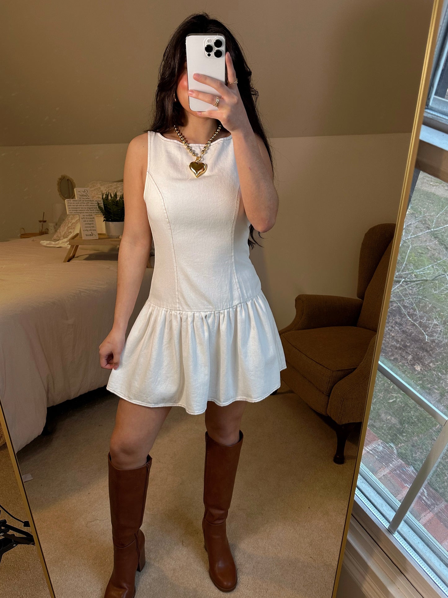 White Denim Drop-Waist Dress