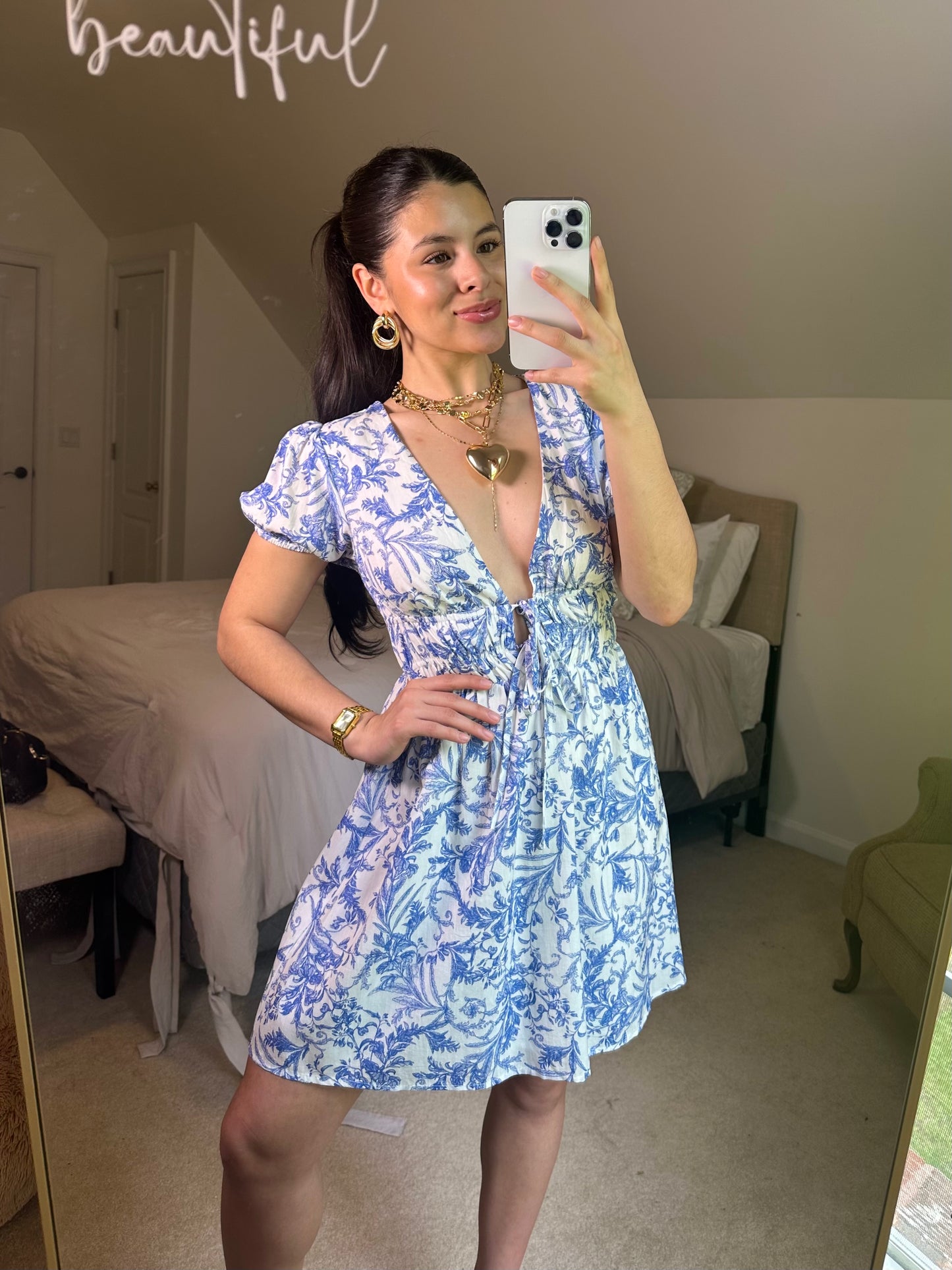 Blue Vines Plunge Neckline Mini Dress
