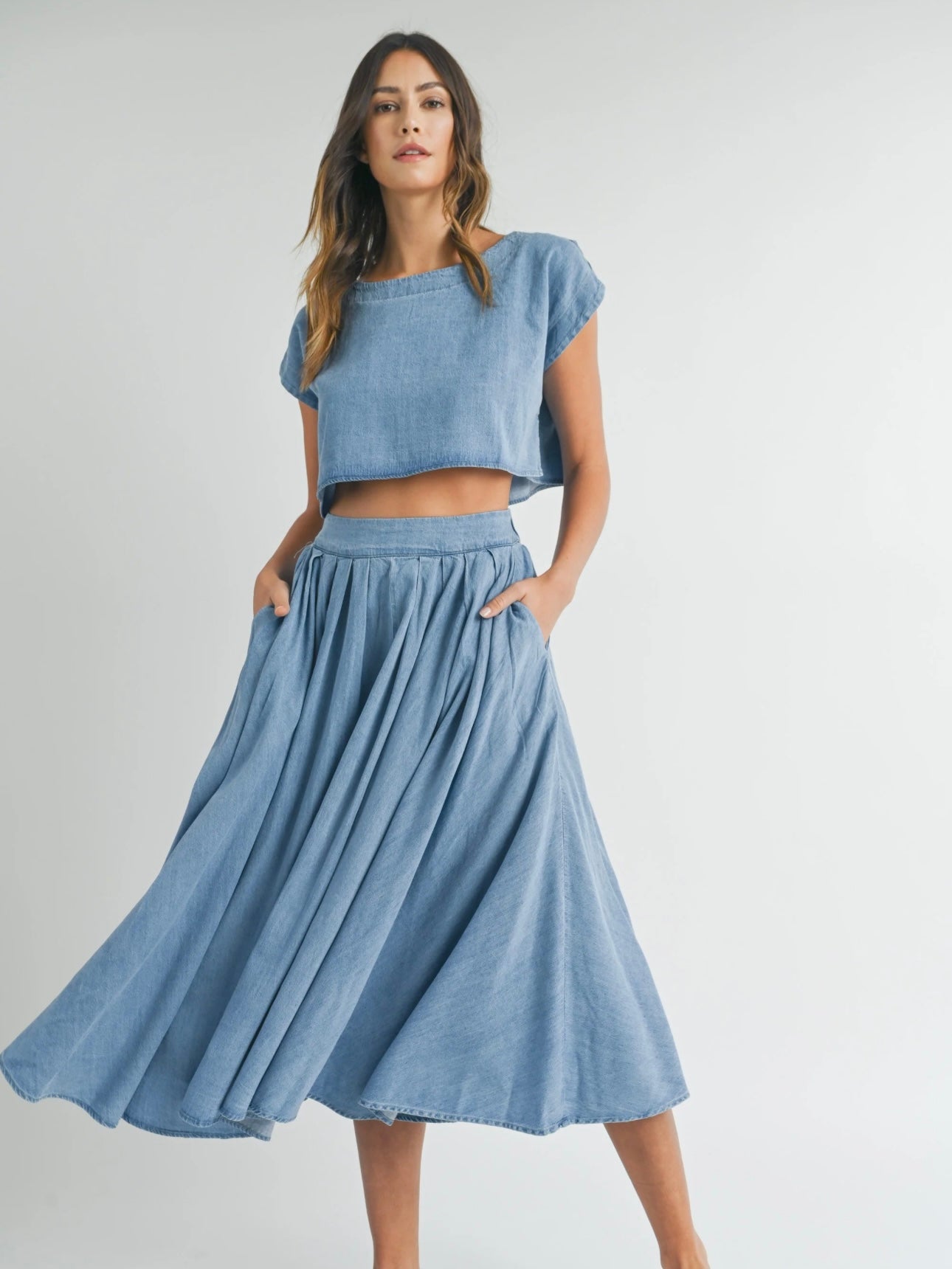 Denim Top and Poplin Pleated Skirt Set