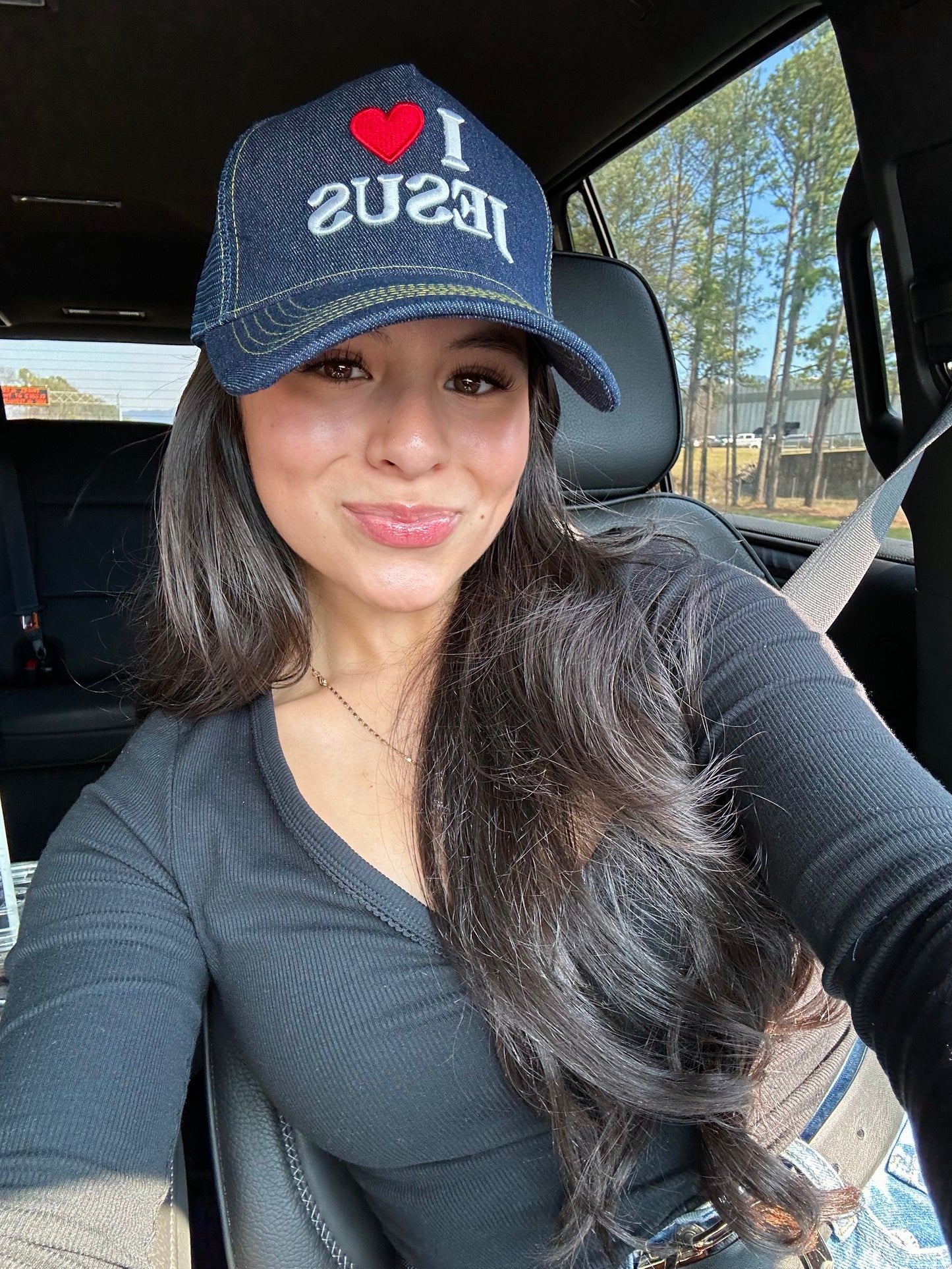 ‘I ❤️ Jesus’ Denim Embroidered Trucker Hat