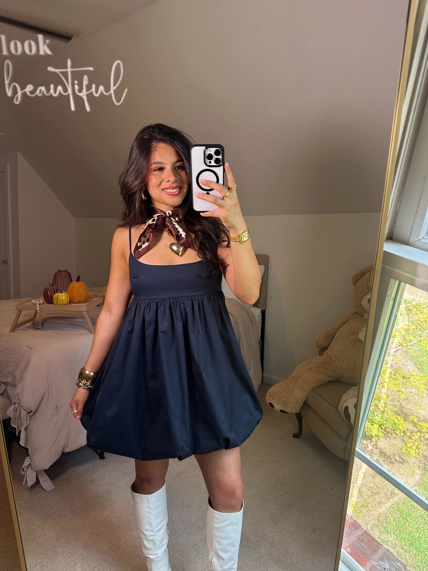 Navy Poplin Bubble Hem Dress