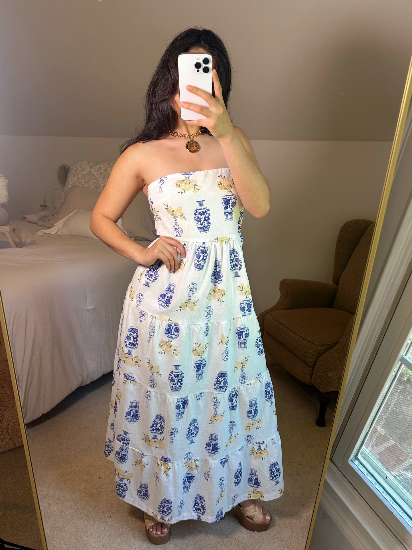 Greece Flower Vase Tube Open Back Dress