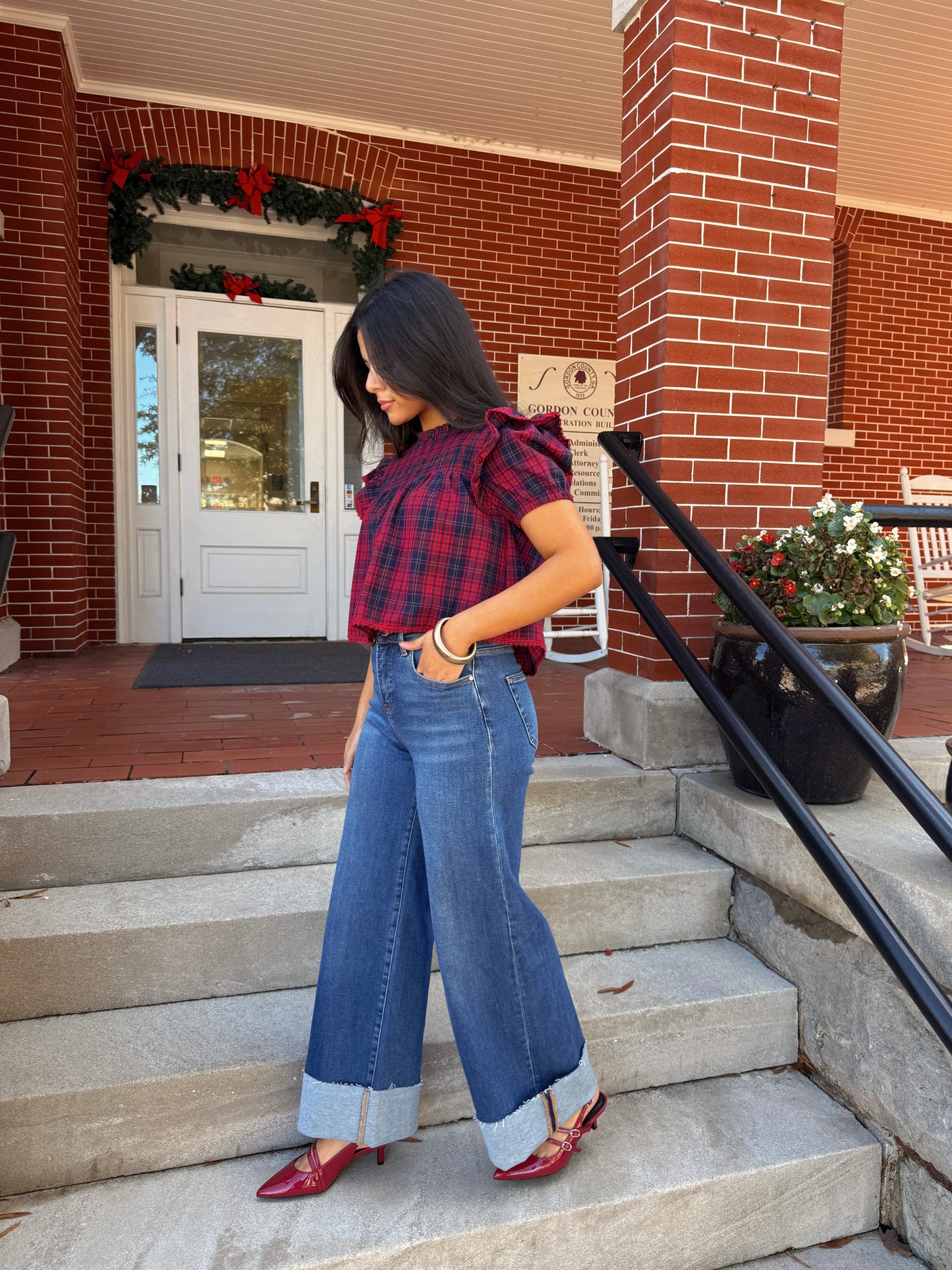 Dark Denim Wide Leg Cuffed Jeans