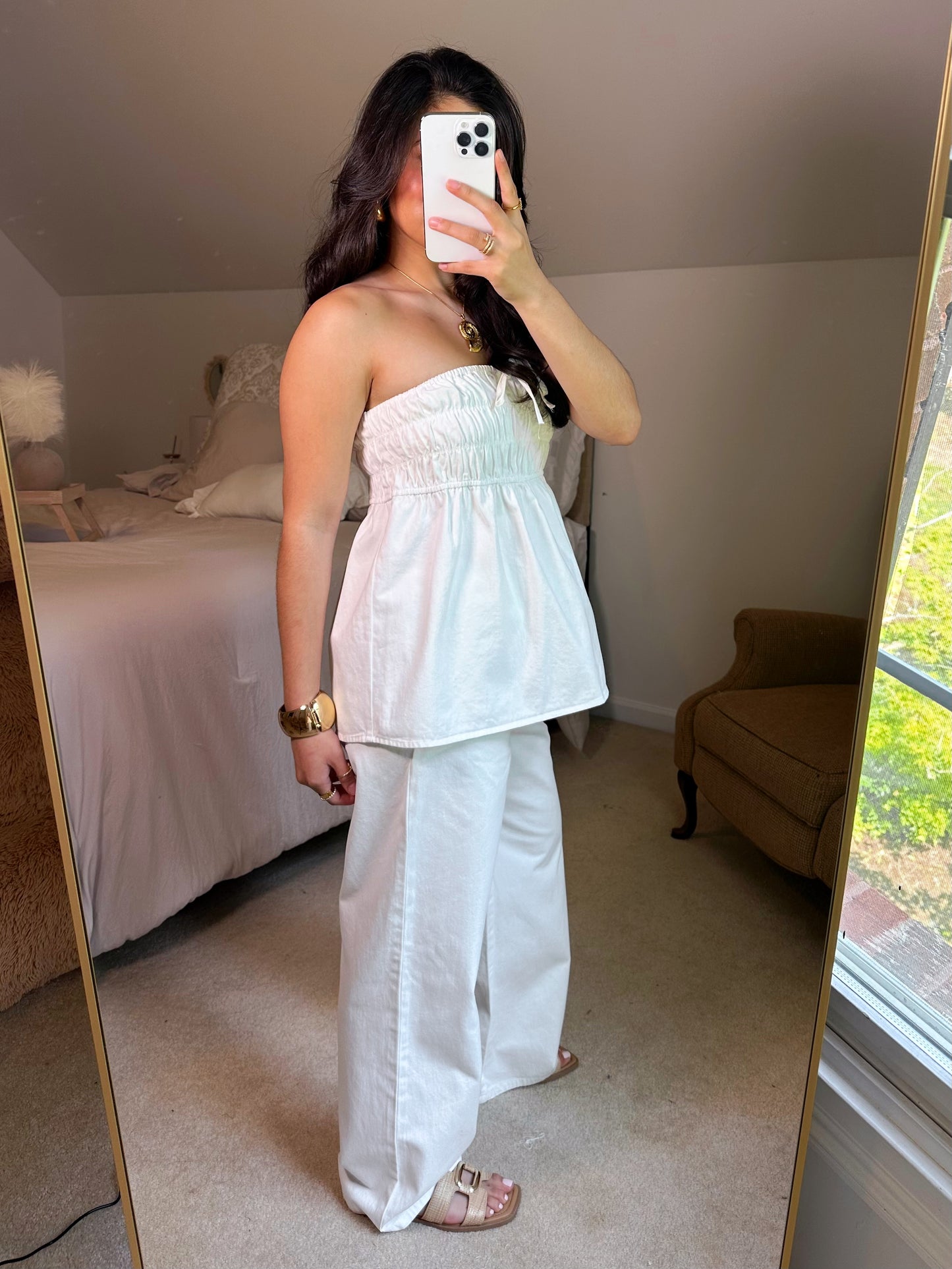Ruched Top & Pant White Denim Set
