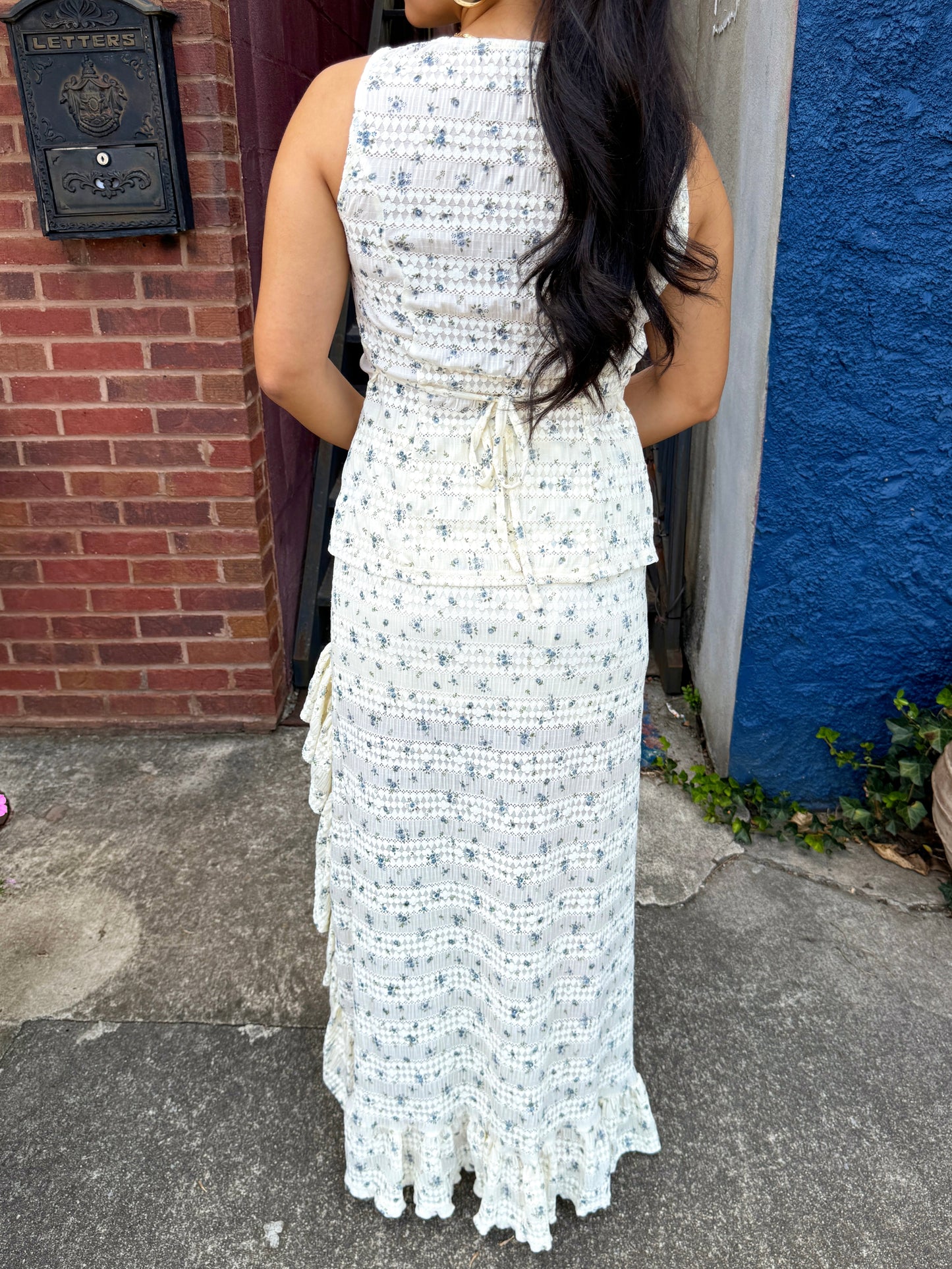 Blue Florals Lace Top & Skirt Set