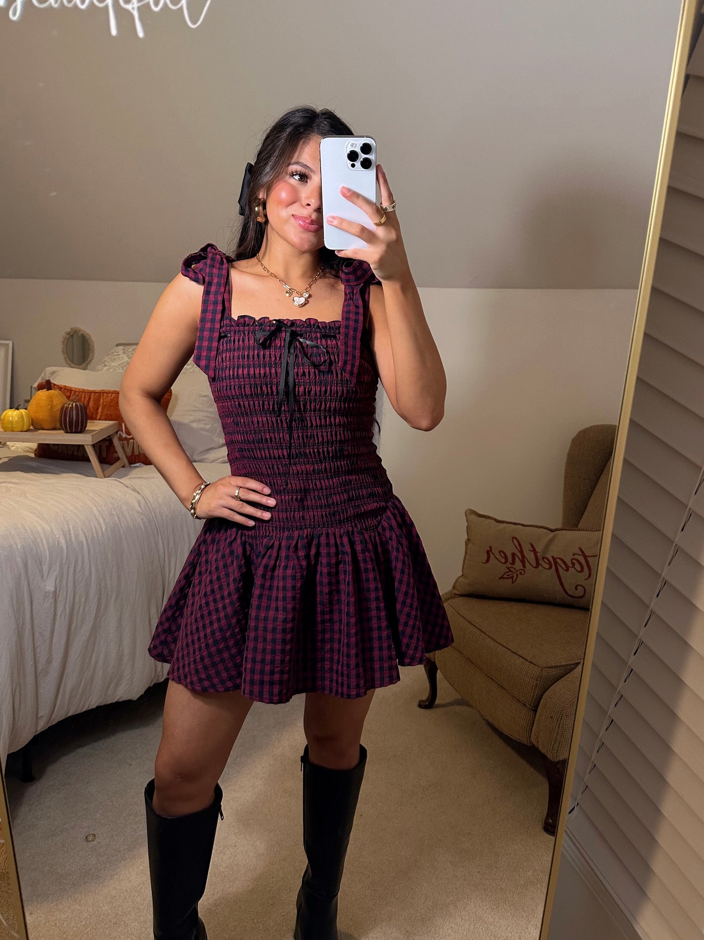 Burgundy & Black Gingham Mini Dress