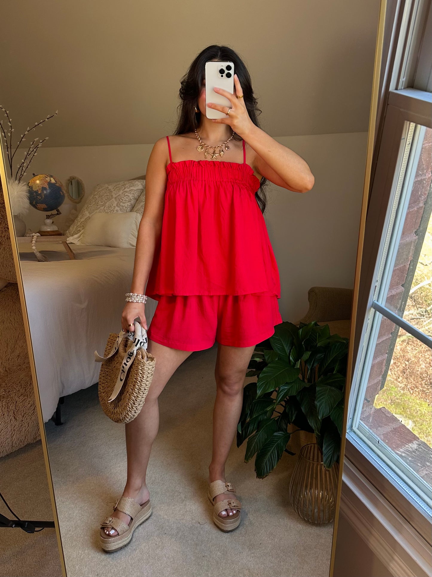Red Linen Babydoll Top & Shorts Set