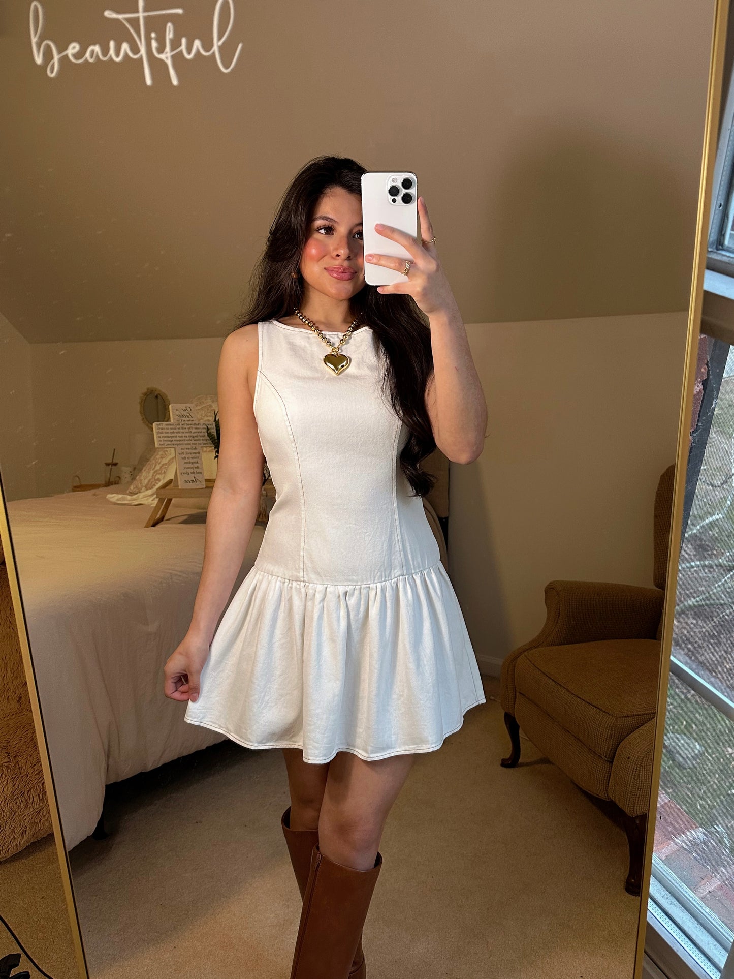 White Denim Drop-Waist Dress