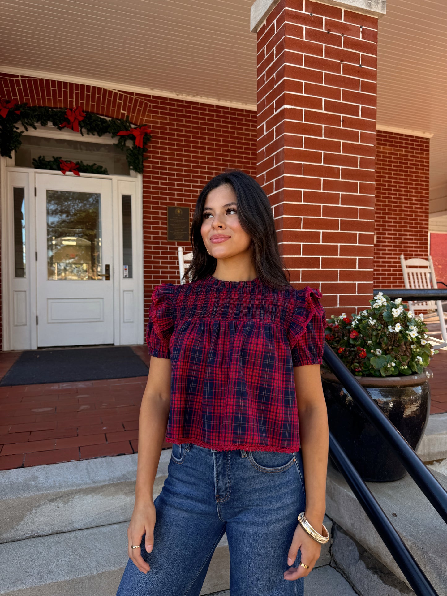 Red & Navy Plaid Top