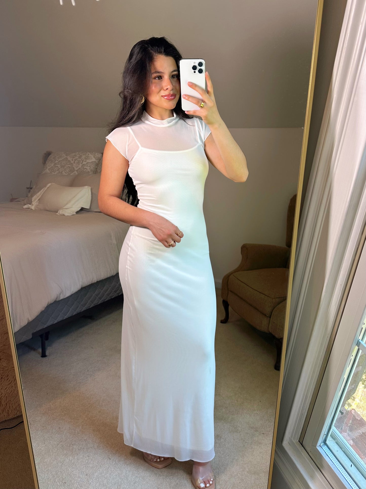 White Mockneck Mesh Maxi Dress