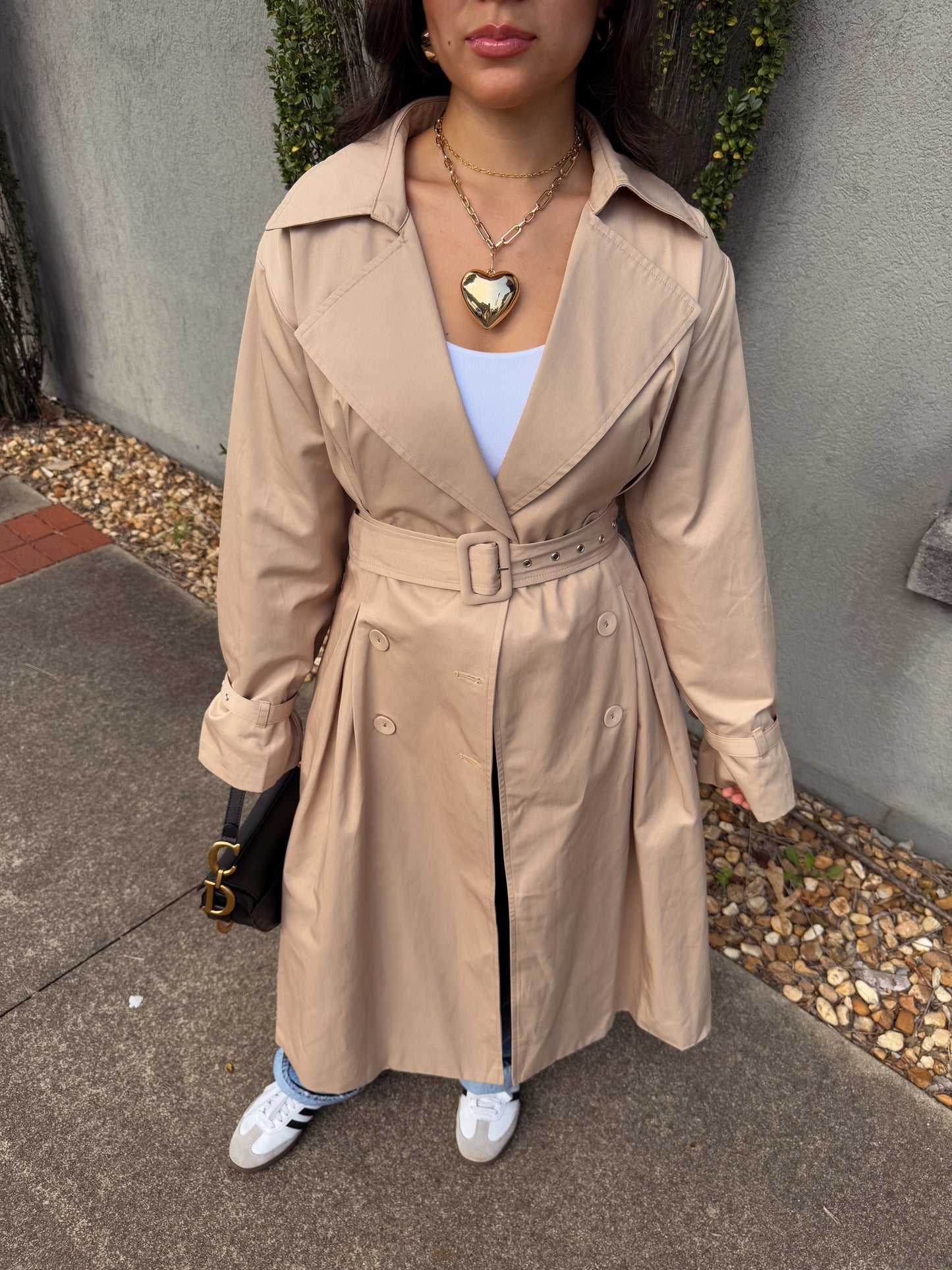 Latte Double Breasted Pleated Trench Coat