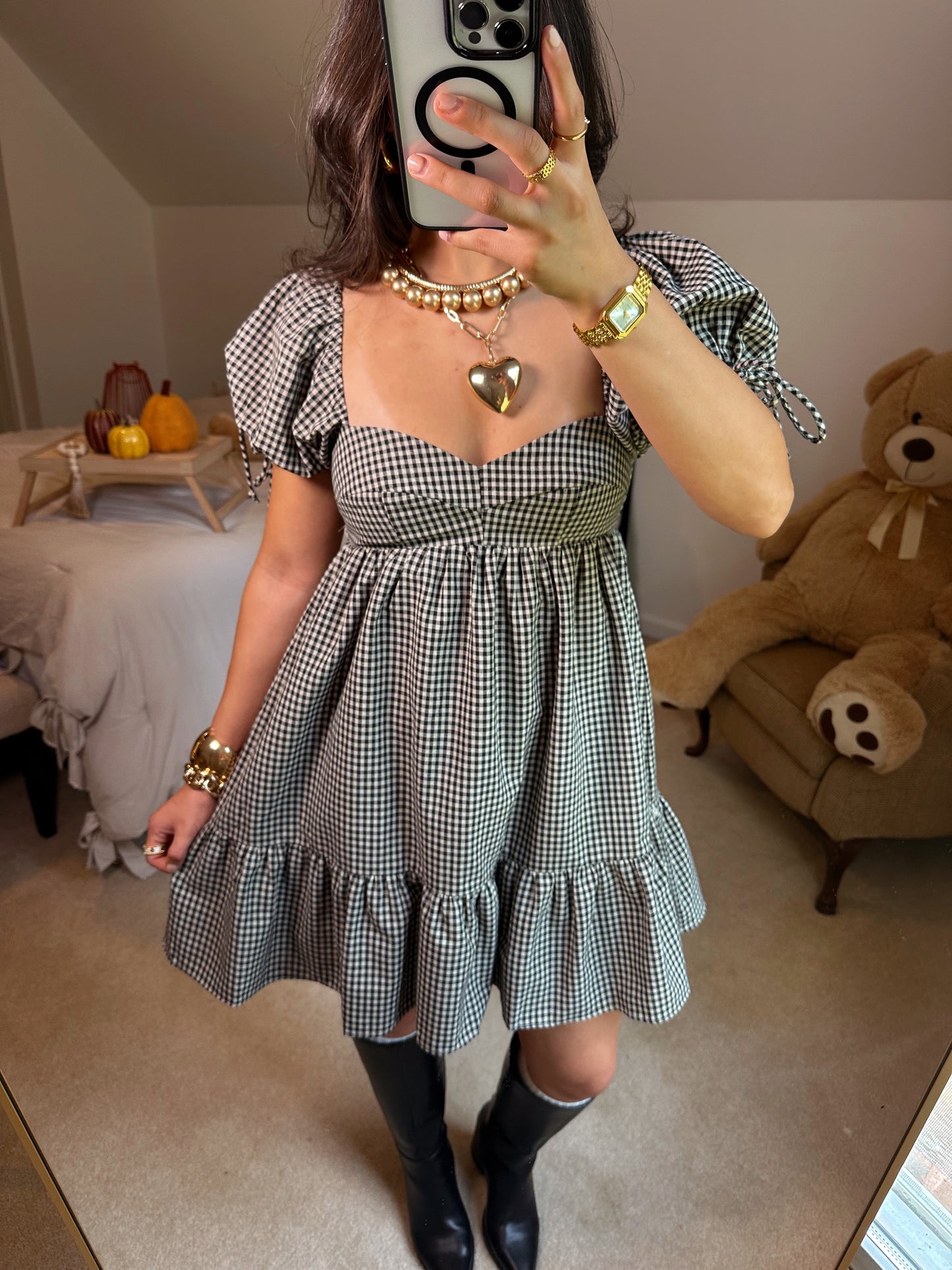 Black Gingham Babydoll Dress