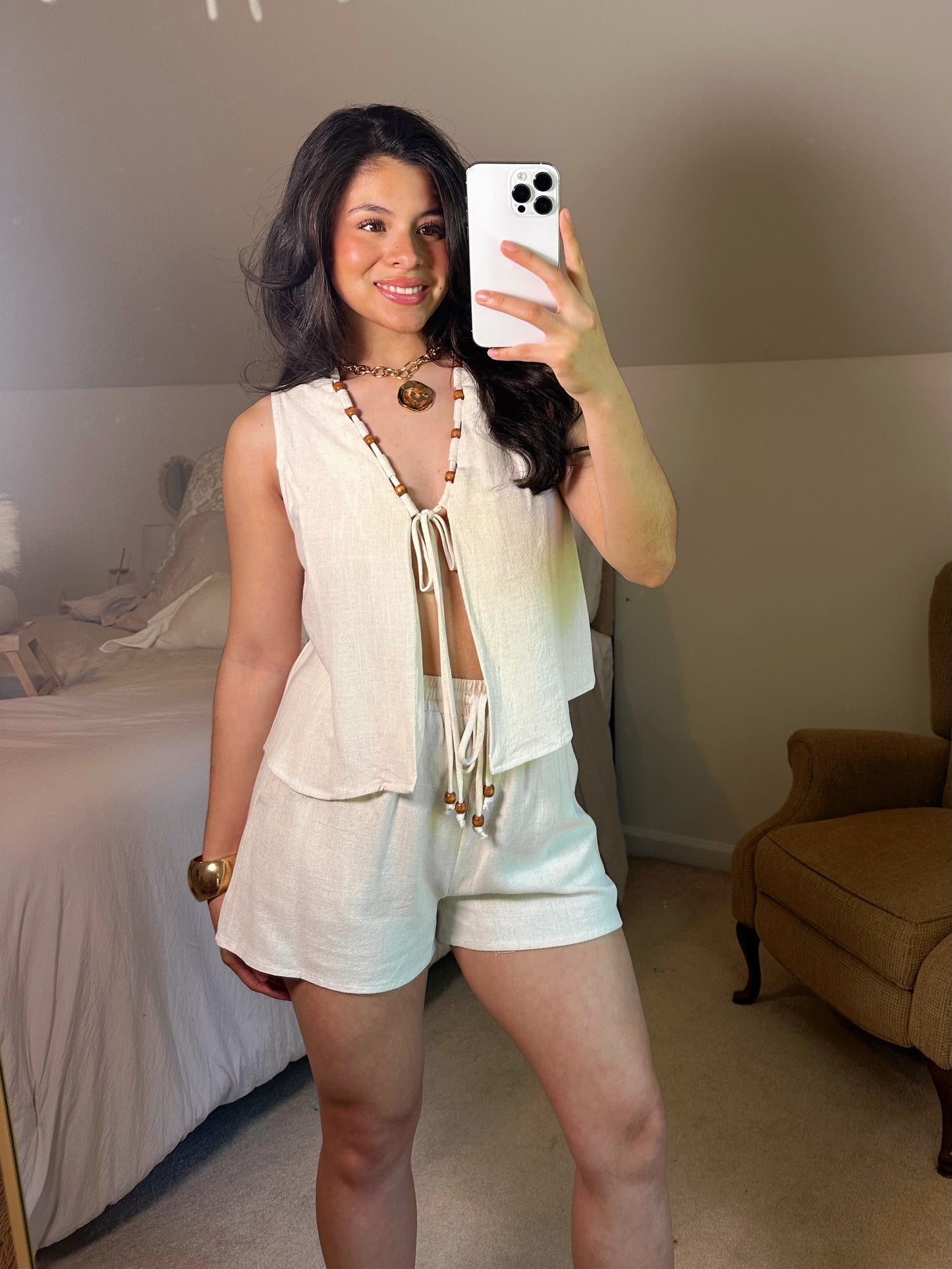 Tiki Beaded Open Front Top & Short Set