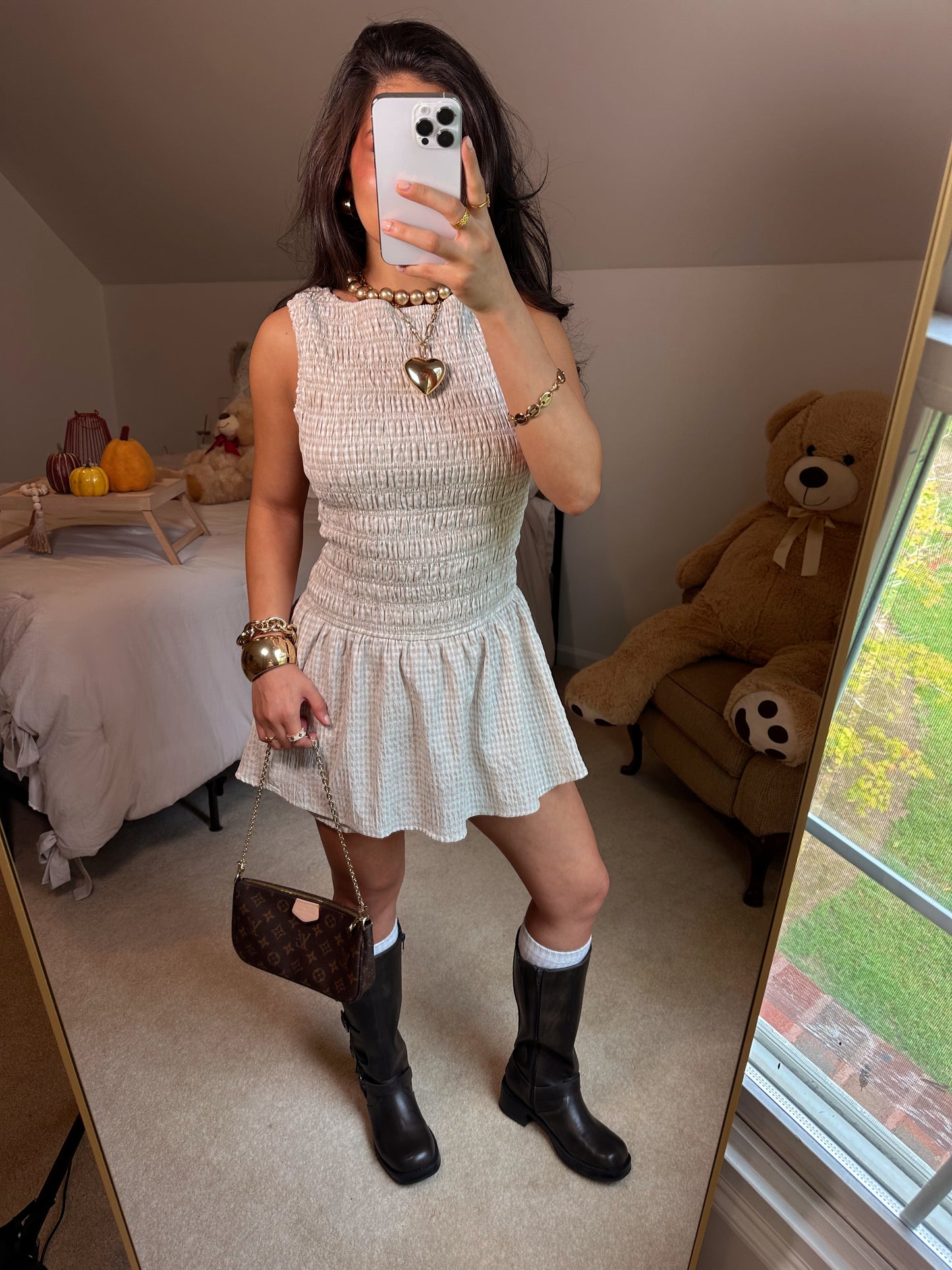 Taupe & White Gingham Romper