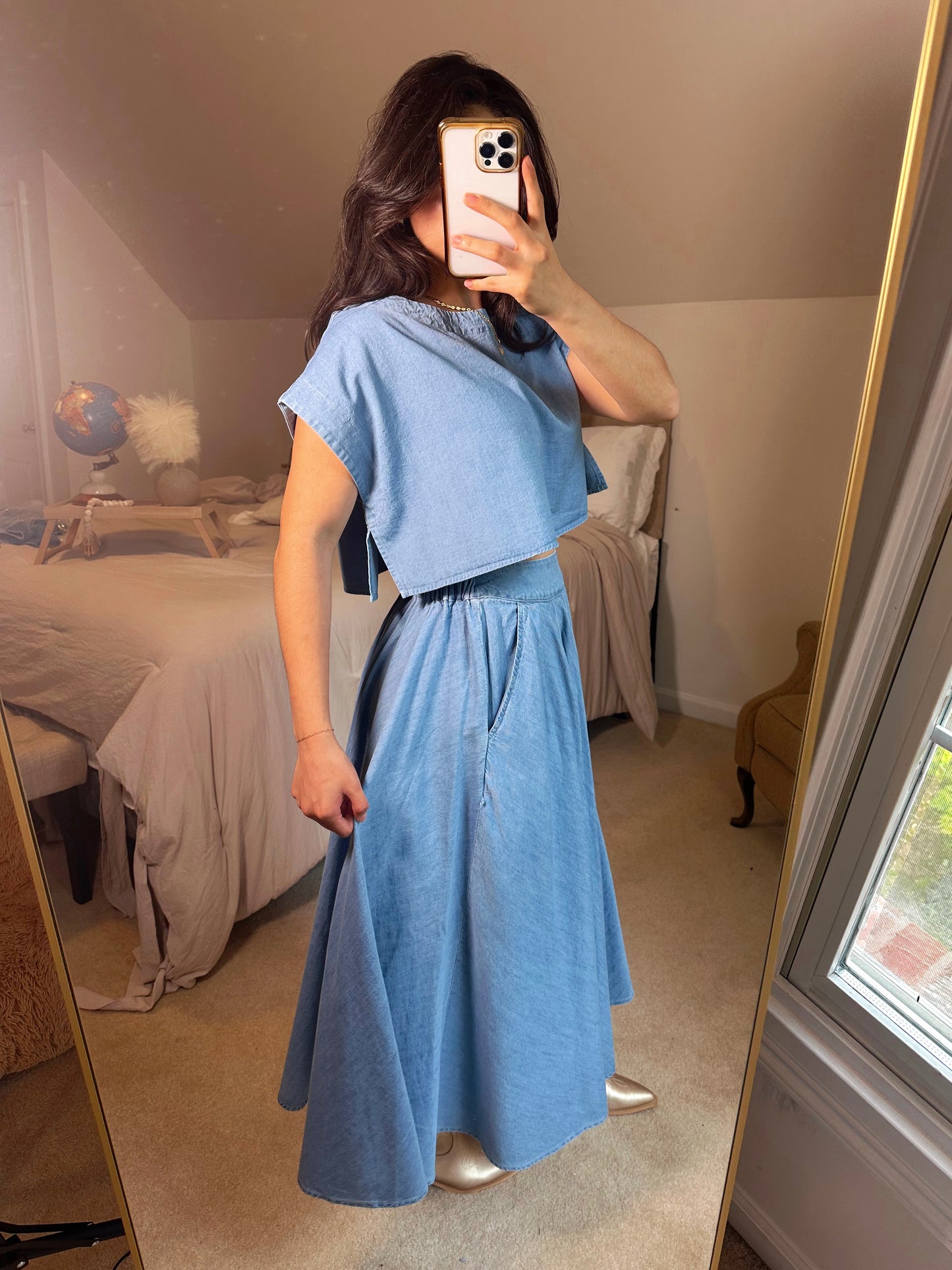 Denim Top and Poplin Pleated Skirt Set