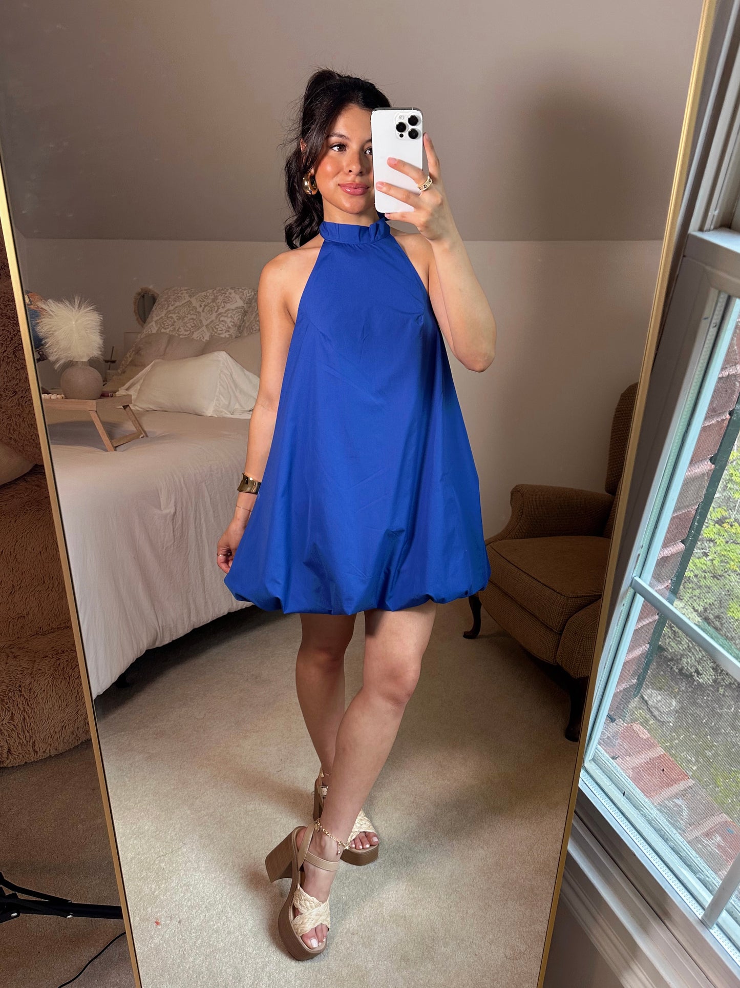 Blue Halter Neck Open Back Bubble Dress
