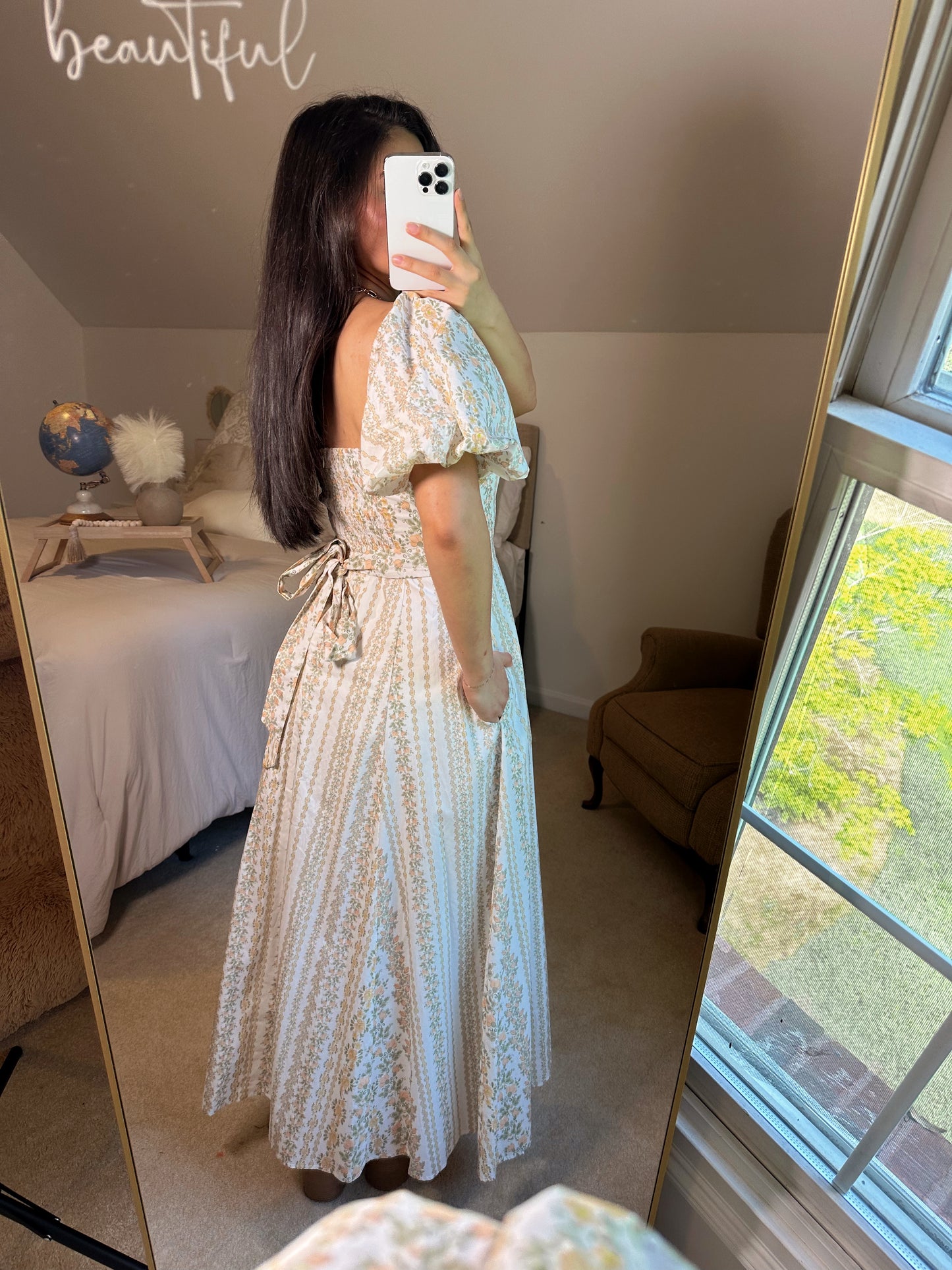 Peach Florals Puff Sleeve Maxi Dress