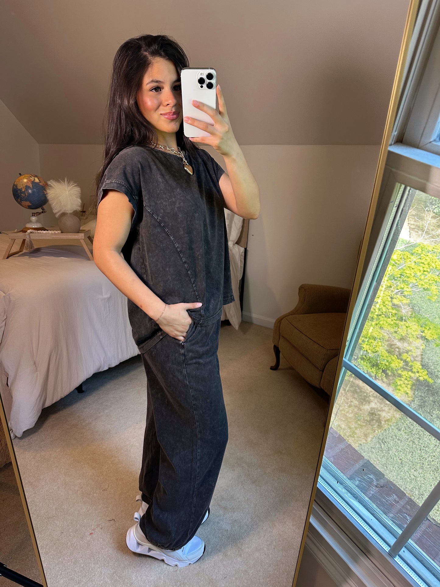 Washed Black Cotton Top & Pants Set