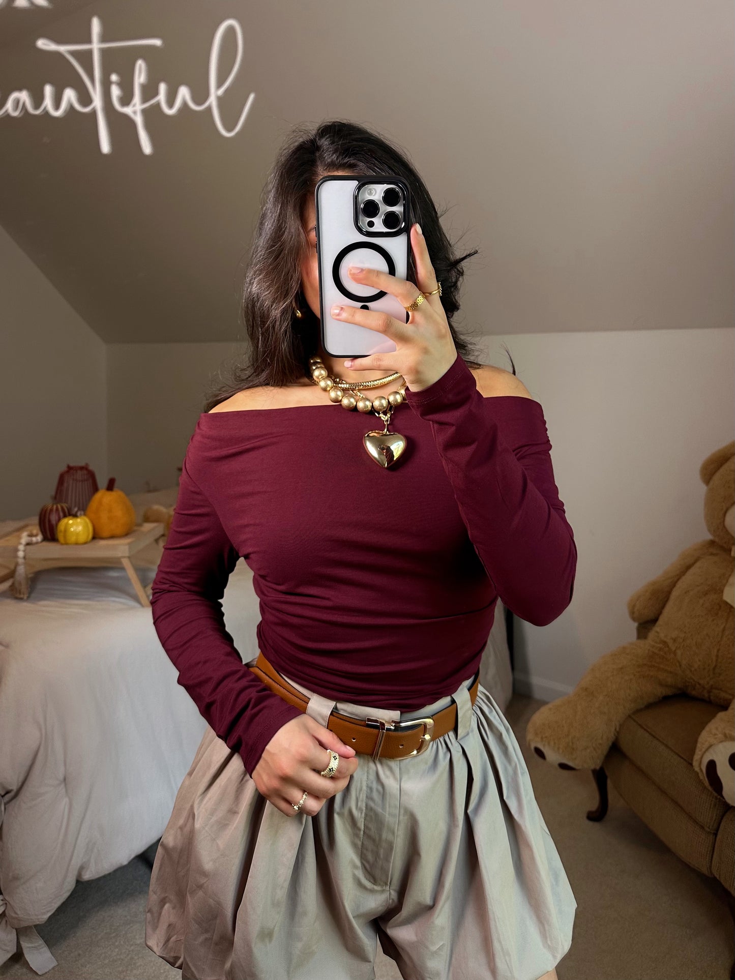 Burgundy Off-Shoulder Ruched Top
