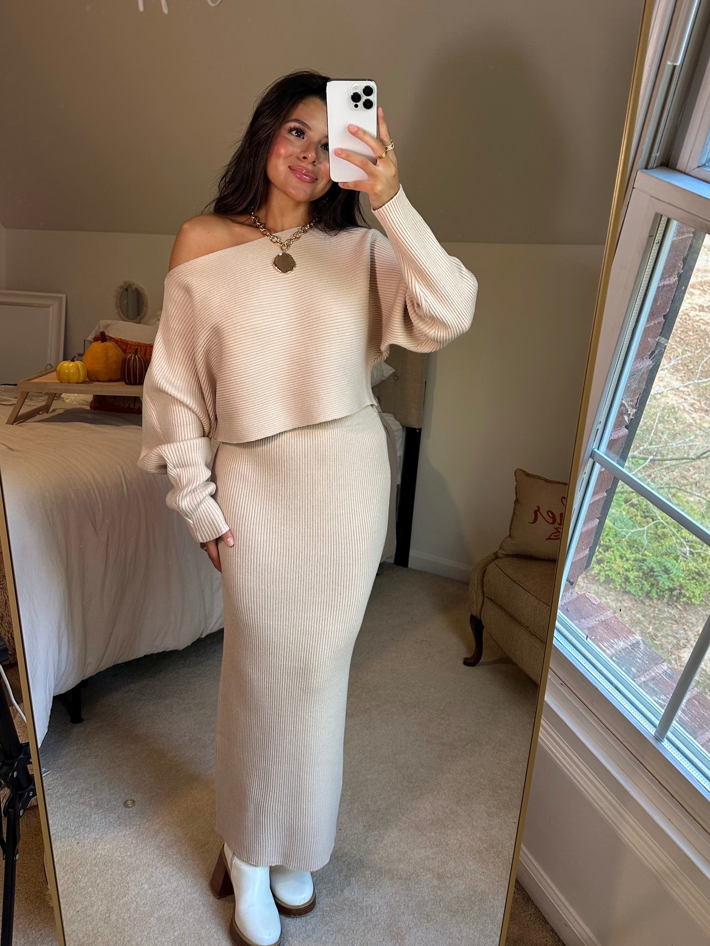 Light Taupe Sweater & Skirt Set