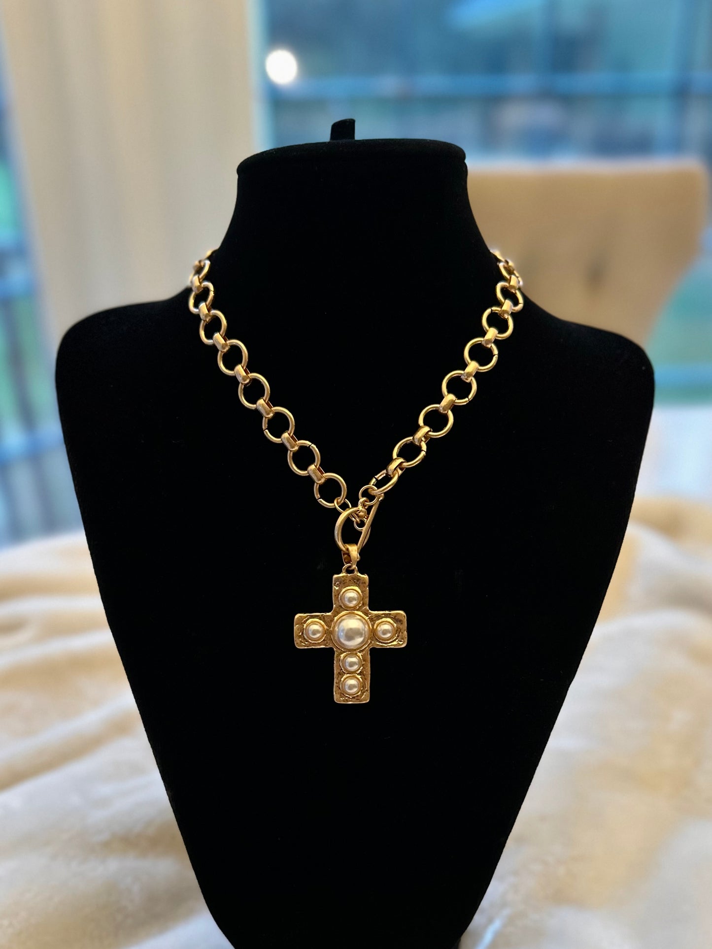 Pearl Beaded Cross Gold Necklace