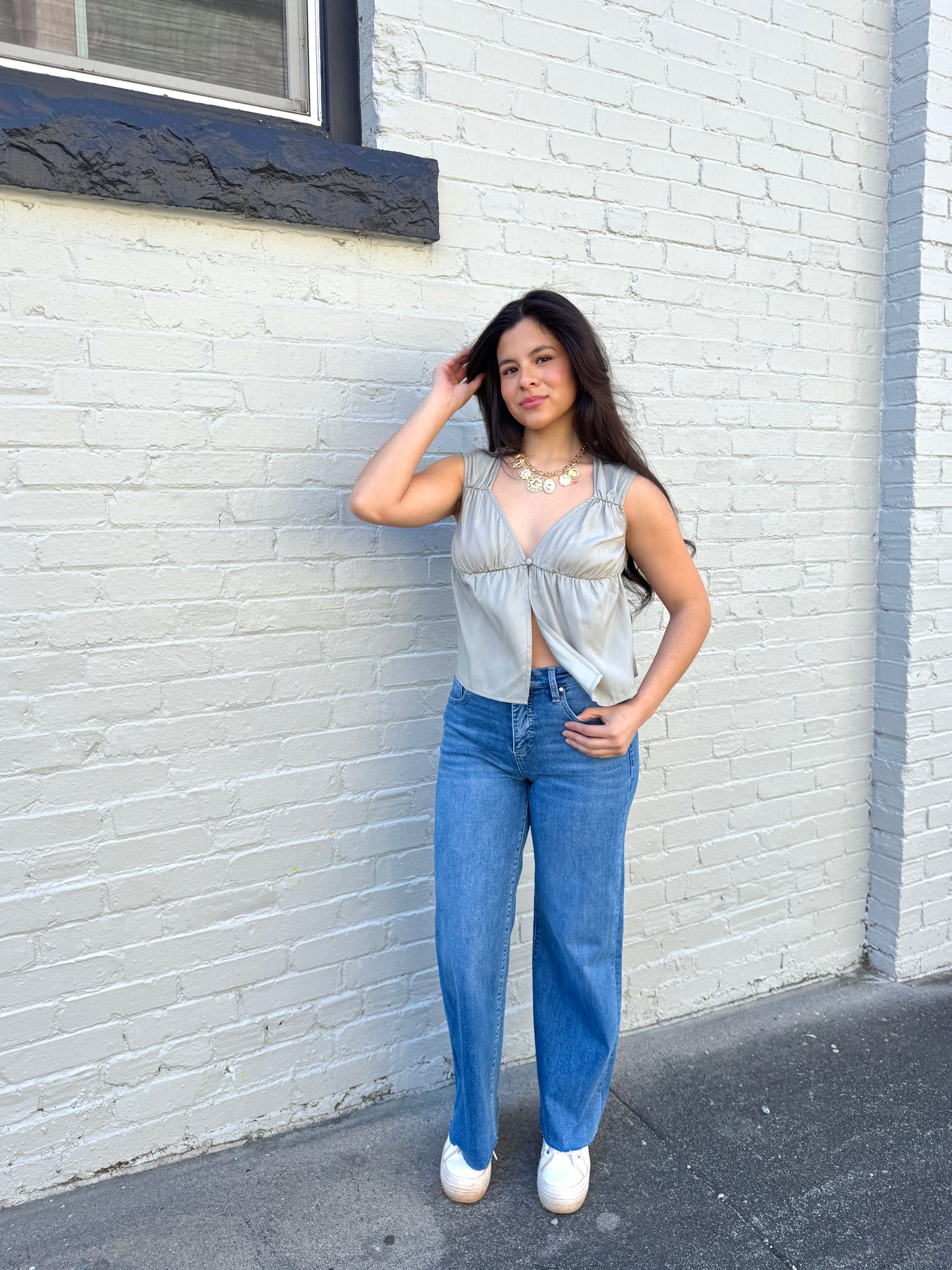 Dove Grey Button Ruched Top