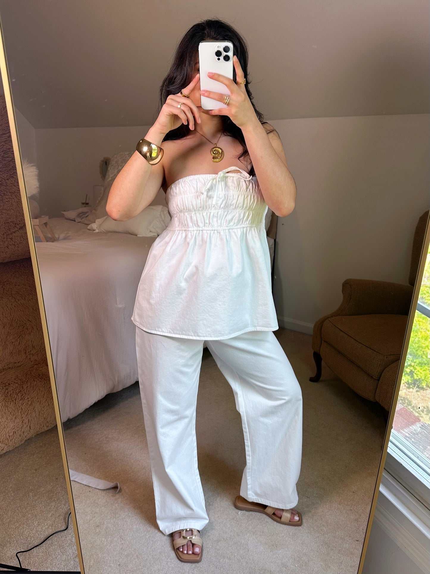 Ruched Top & Pant White Denim Set