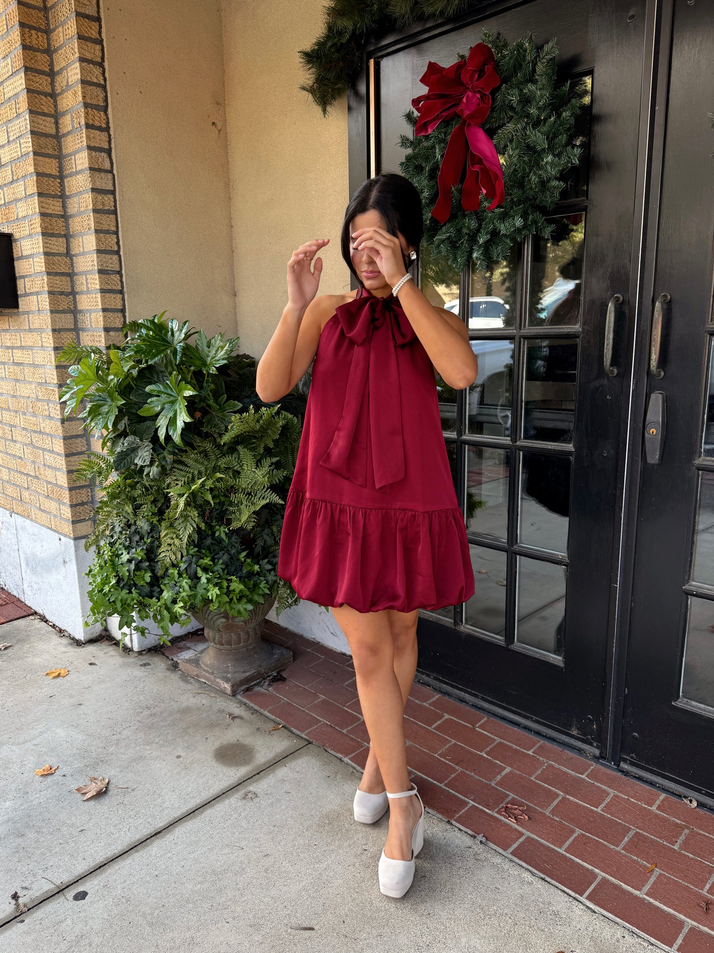 Wine Satin Halter Bow Dress