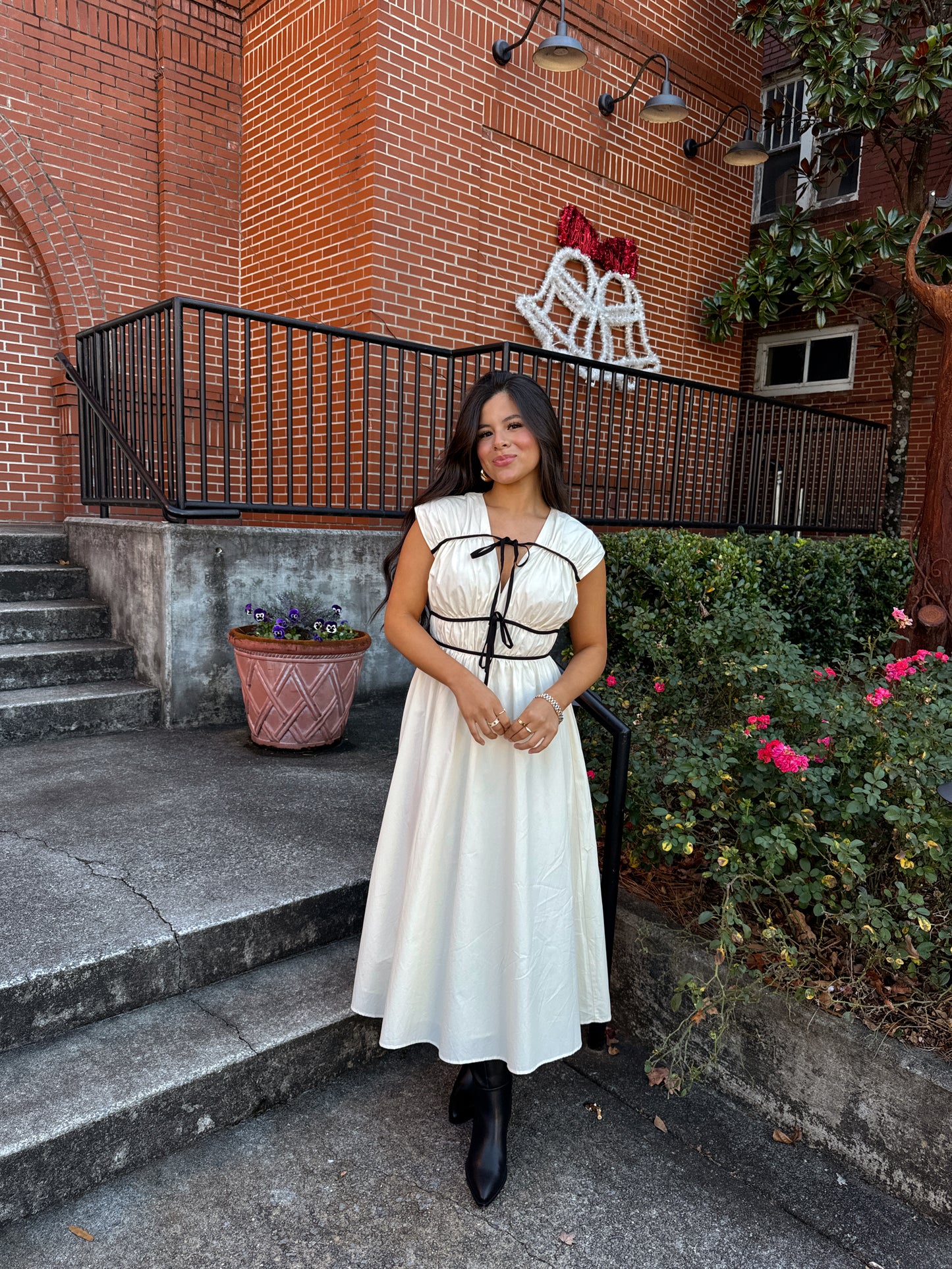 Cream Black Bows Midi Dress