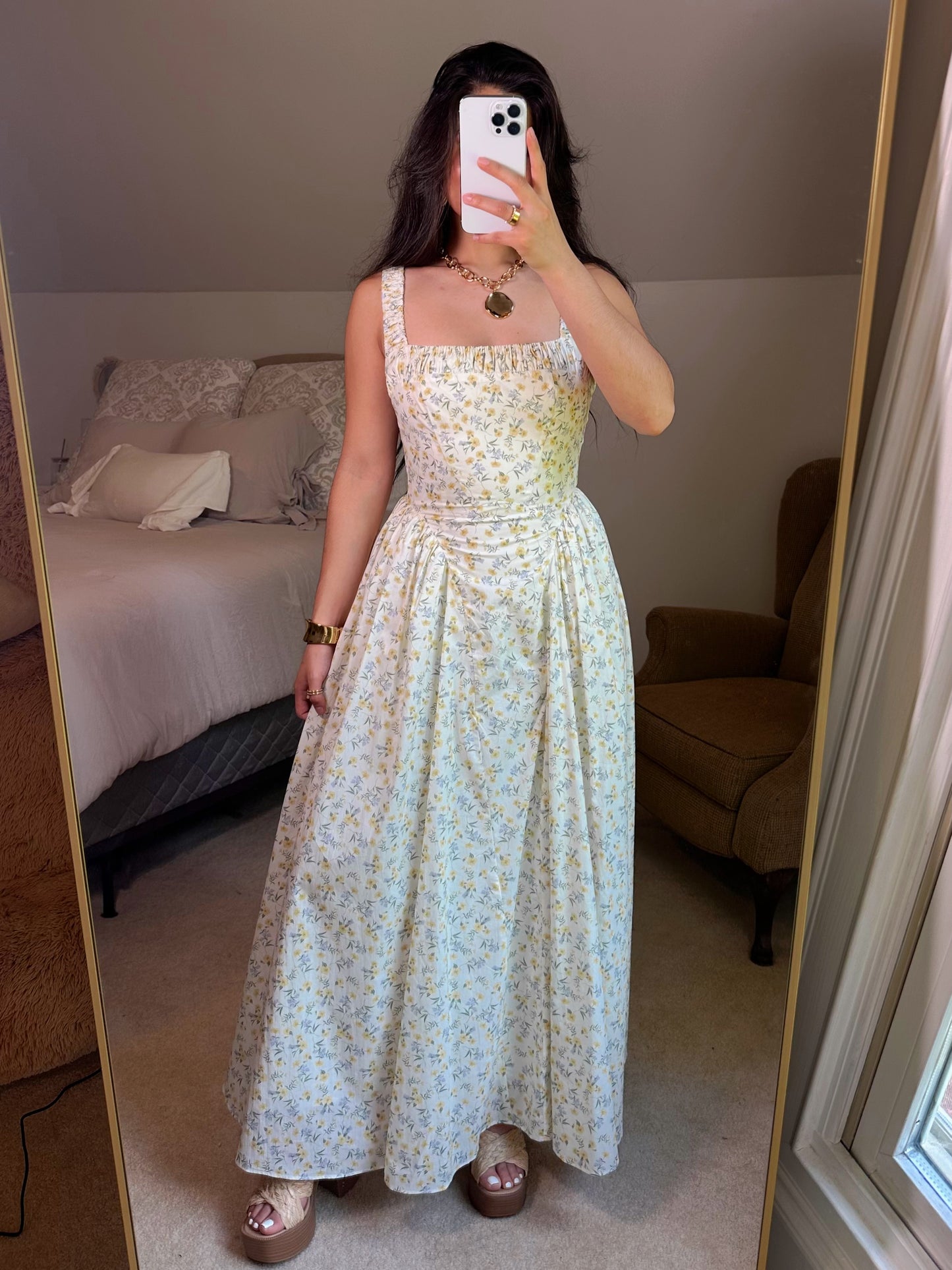 Yellow Ditsy Floral Midi Dress