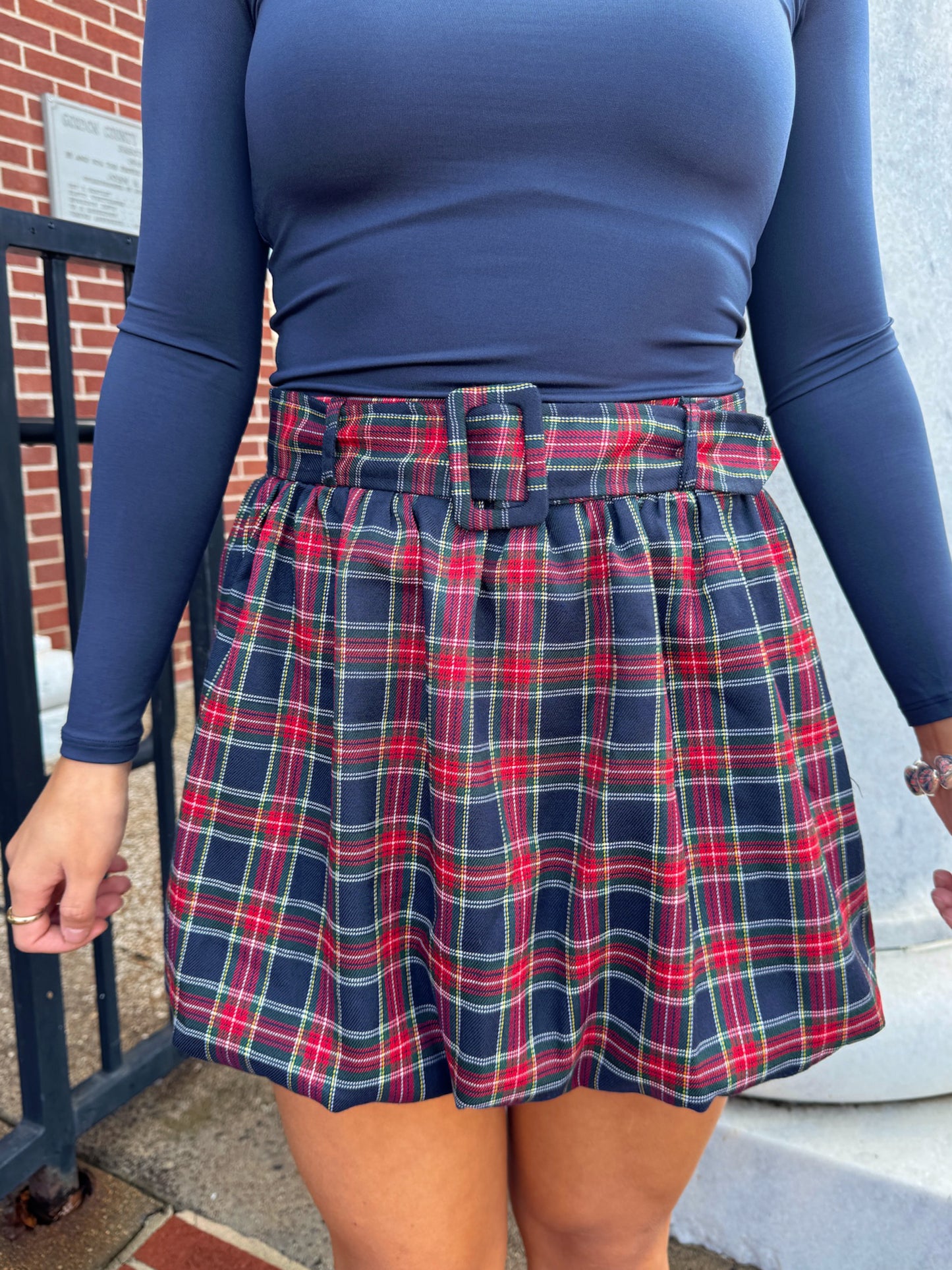 Navy Christmas Plaid Bubble Skirt