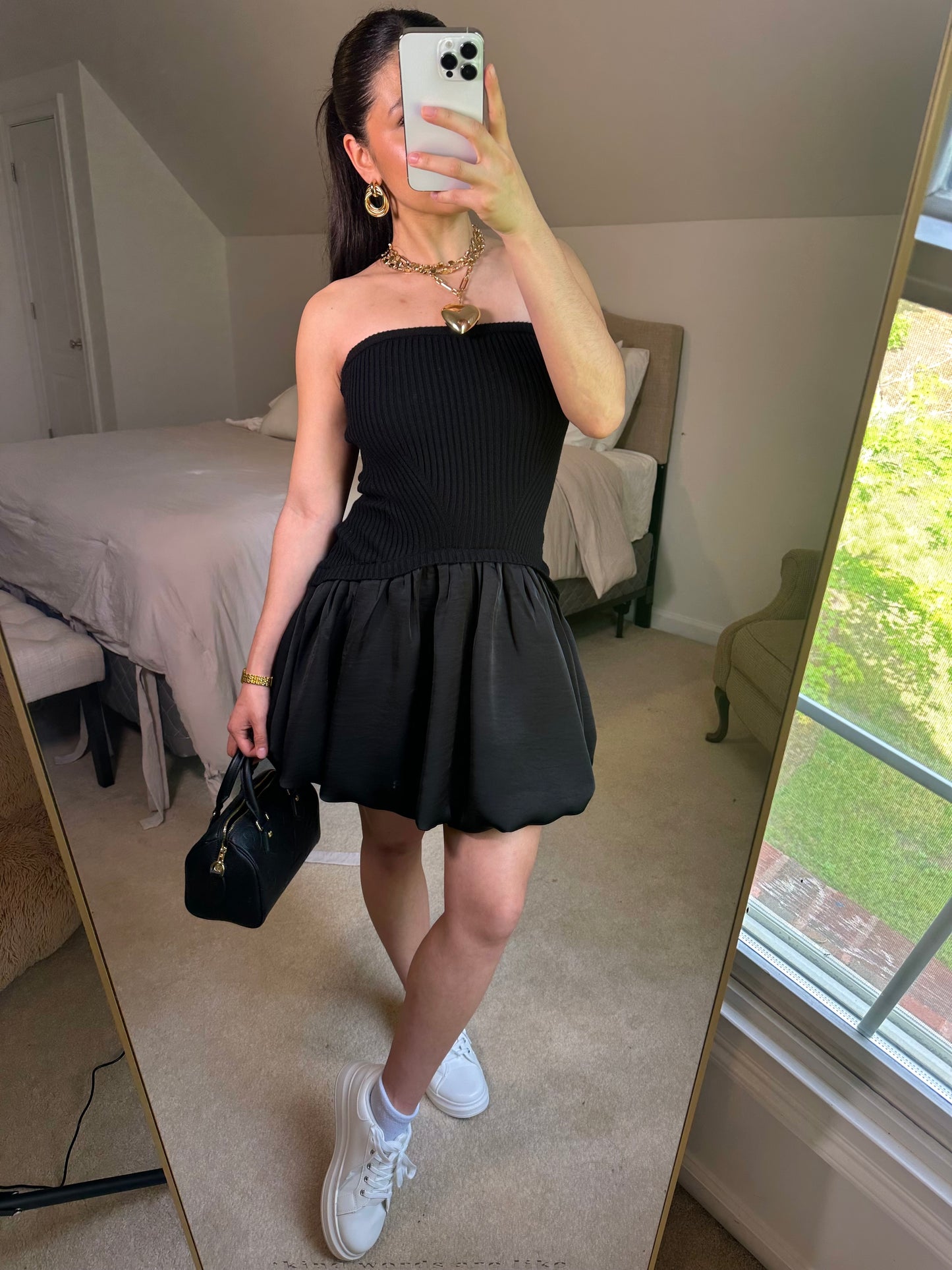 Black Mixed Sweater & Bubble Hem Mini Dress
