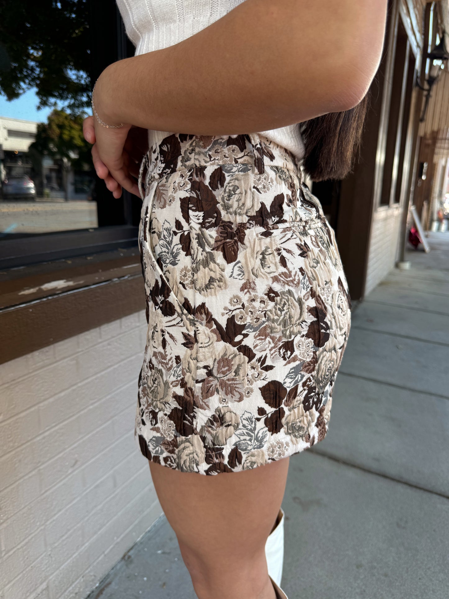 Brown Floral Jacquard Skort