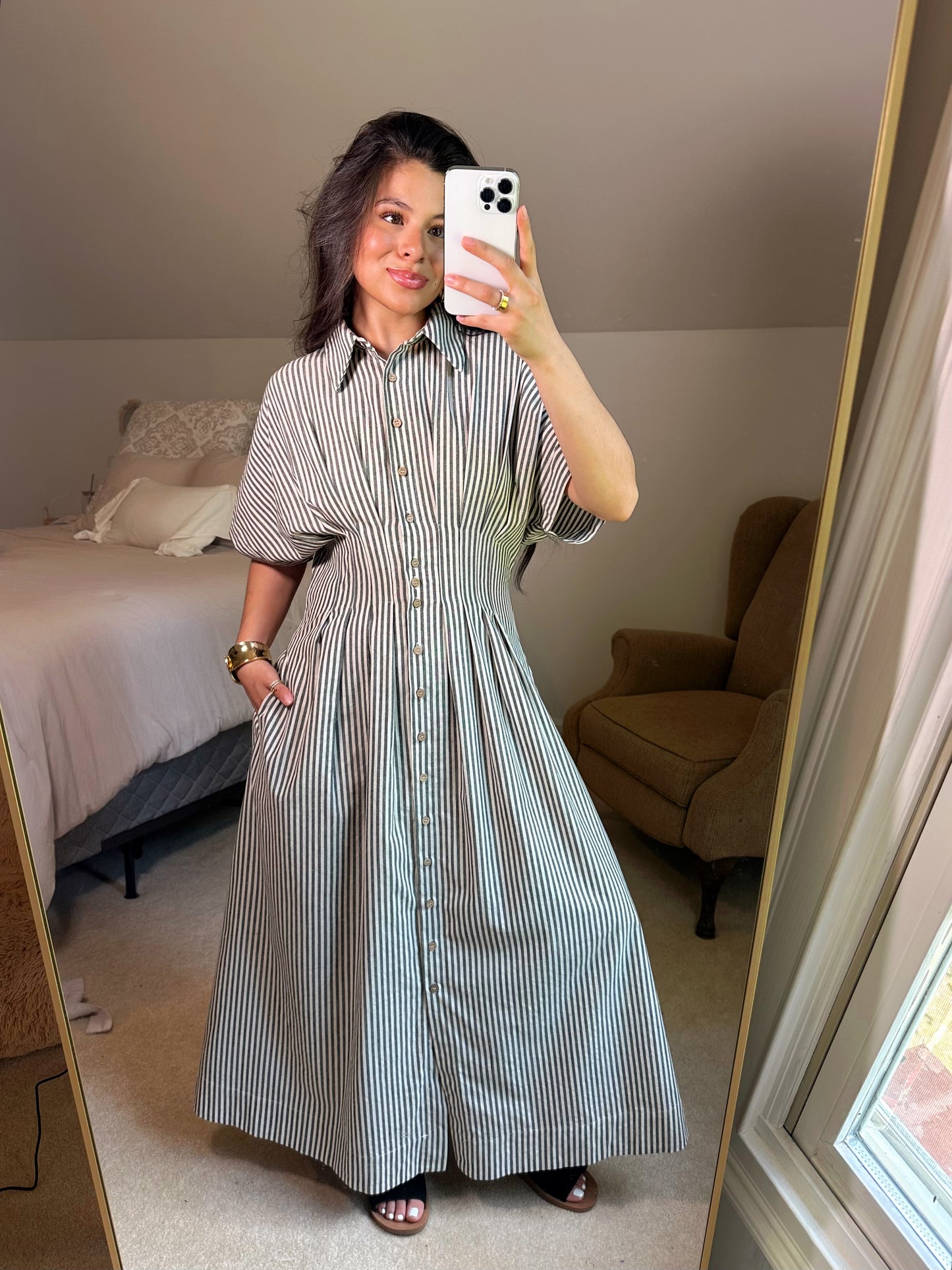 Black & White Striped Pleated Maxi Button Up Dress