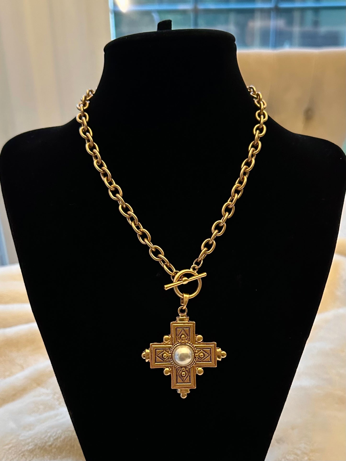 Cross & Pearl Cross Charm Matte Gold Necklace