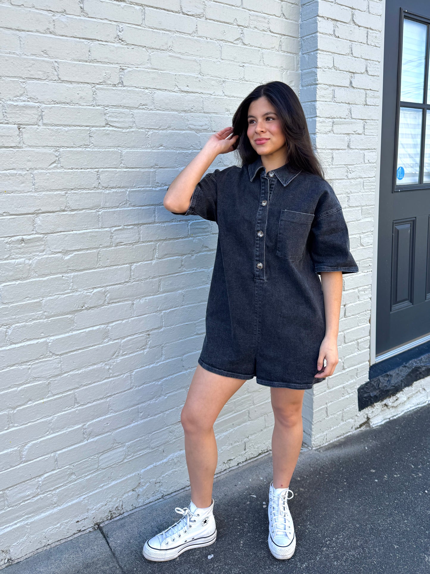 Classic Washed Black Denim Romper