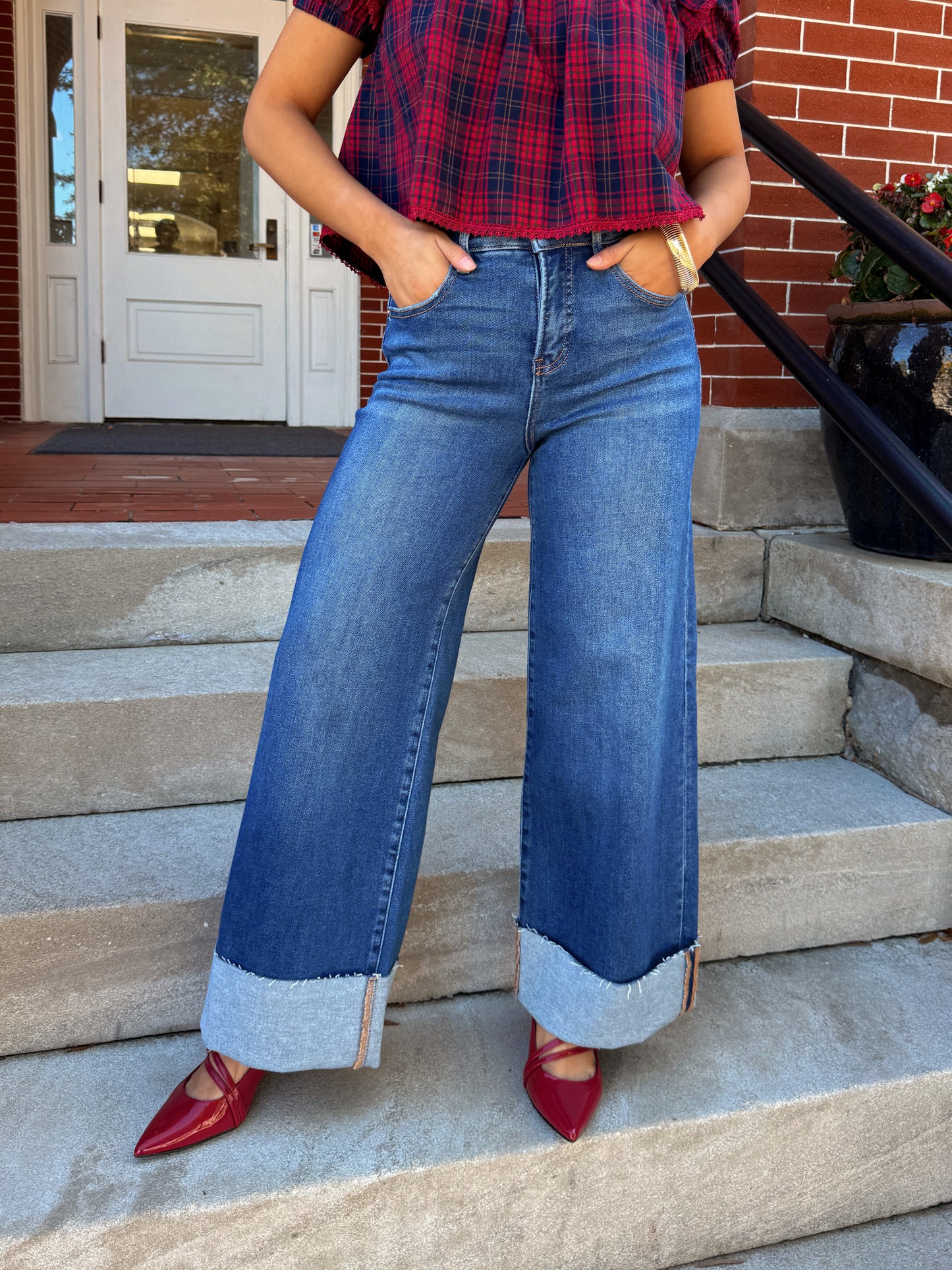 Dark Denim Wide Leg Cuffed Jeans