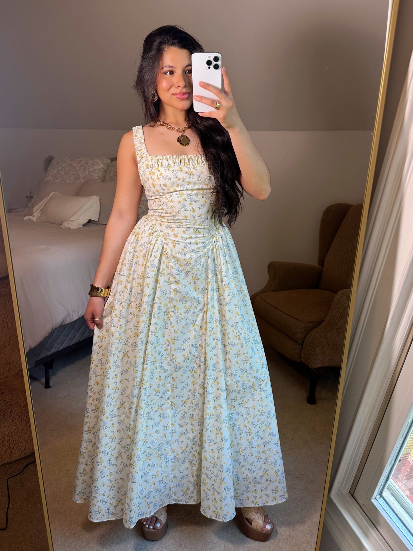 Yellow Ditsy Floral Midi Dress